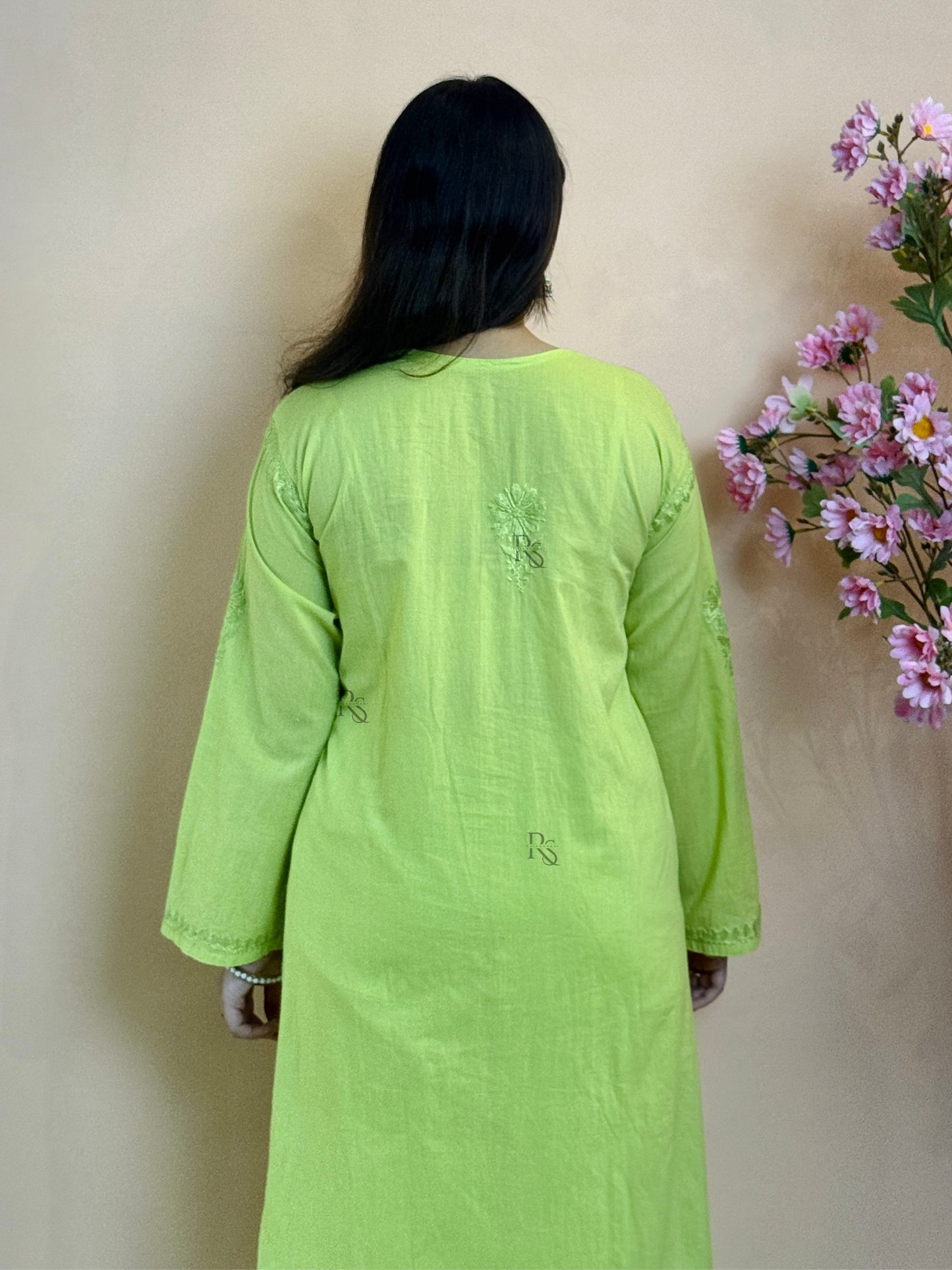 Lime green cotton chikankari kurta with matching stretch pant, hand embroidered ethnic set