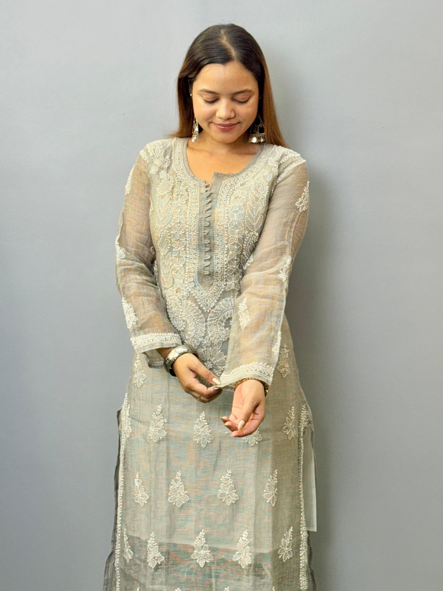 Muted stone grey kota chikankari kurta with white thread hand embroidery