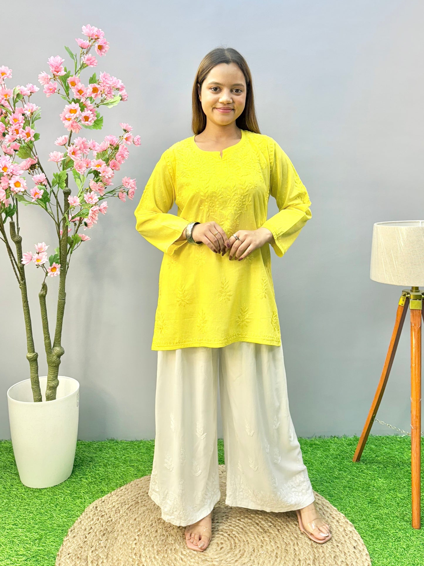 Sunshine yellow dobby cotton short chikankari kurta with hand embroidery