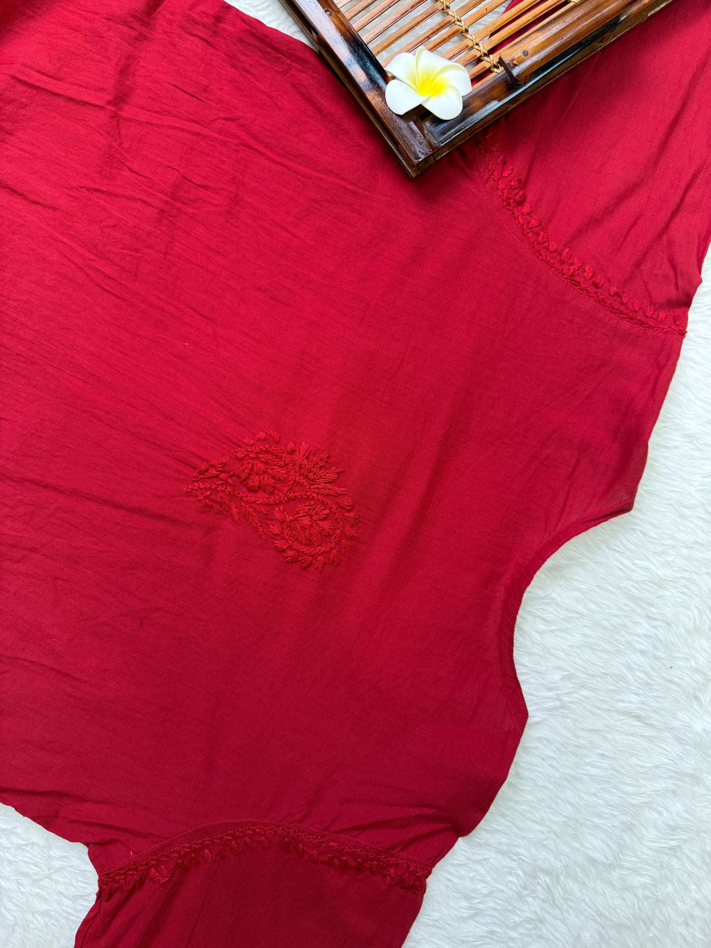 Red cotton short flair chikankari kurta with non-stretch pant and hand embroidery