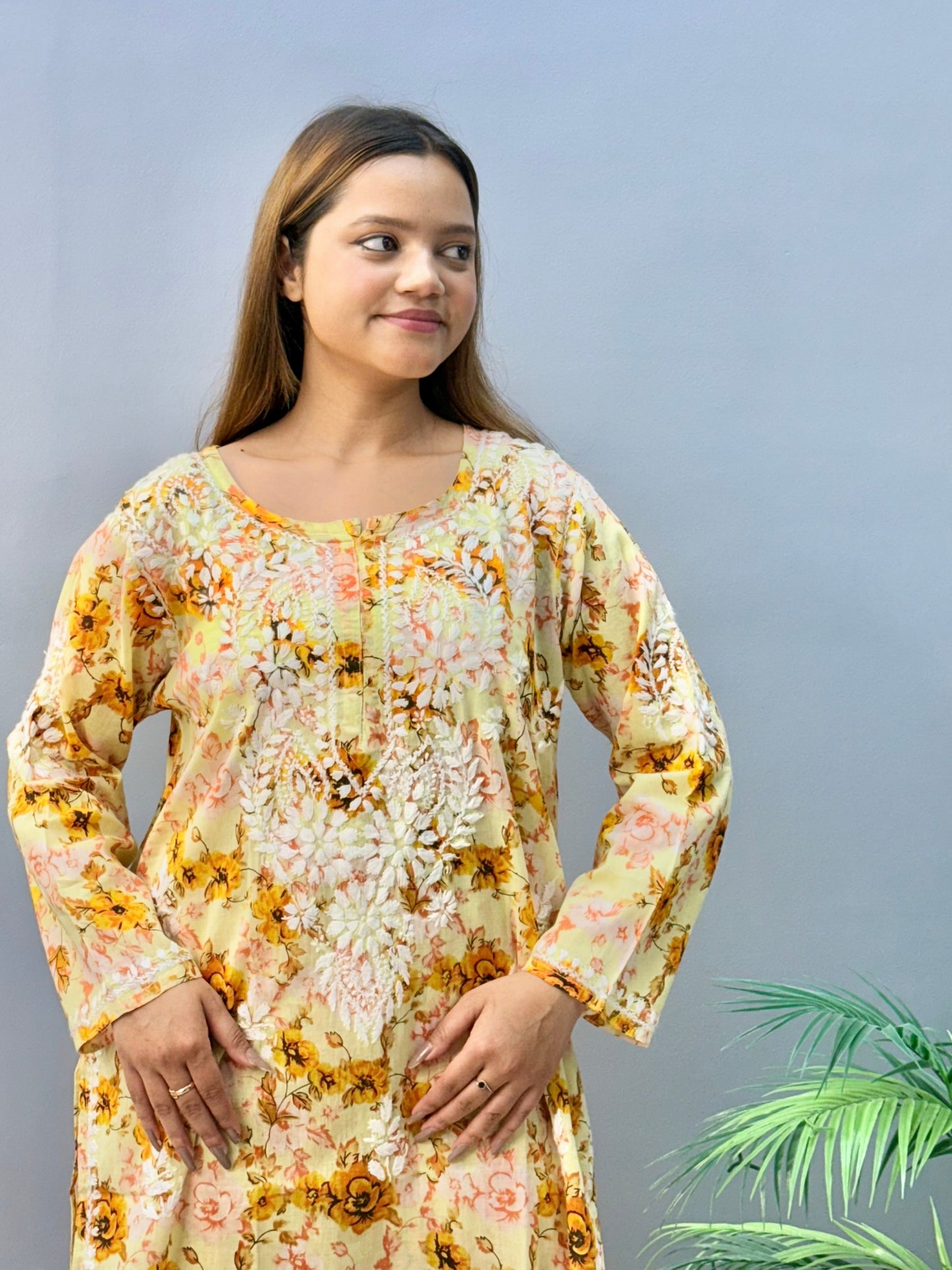 Sahar Sunshine – Yellow Floral Printed Mulmul Chikankari Kurta Pant Set