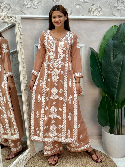 Lucknow chikankari caramel brown rayon kurta and palazzo set with hand embroidery