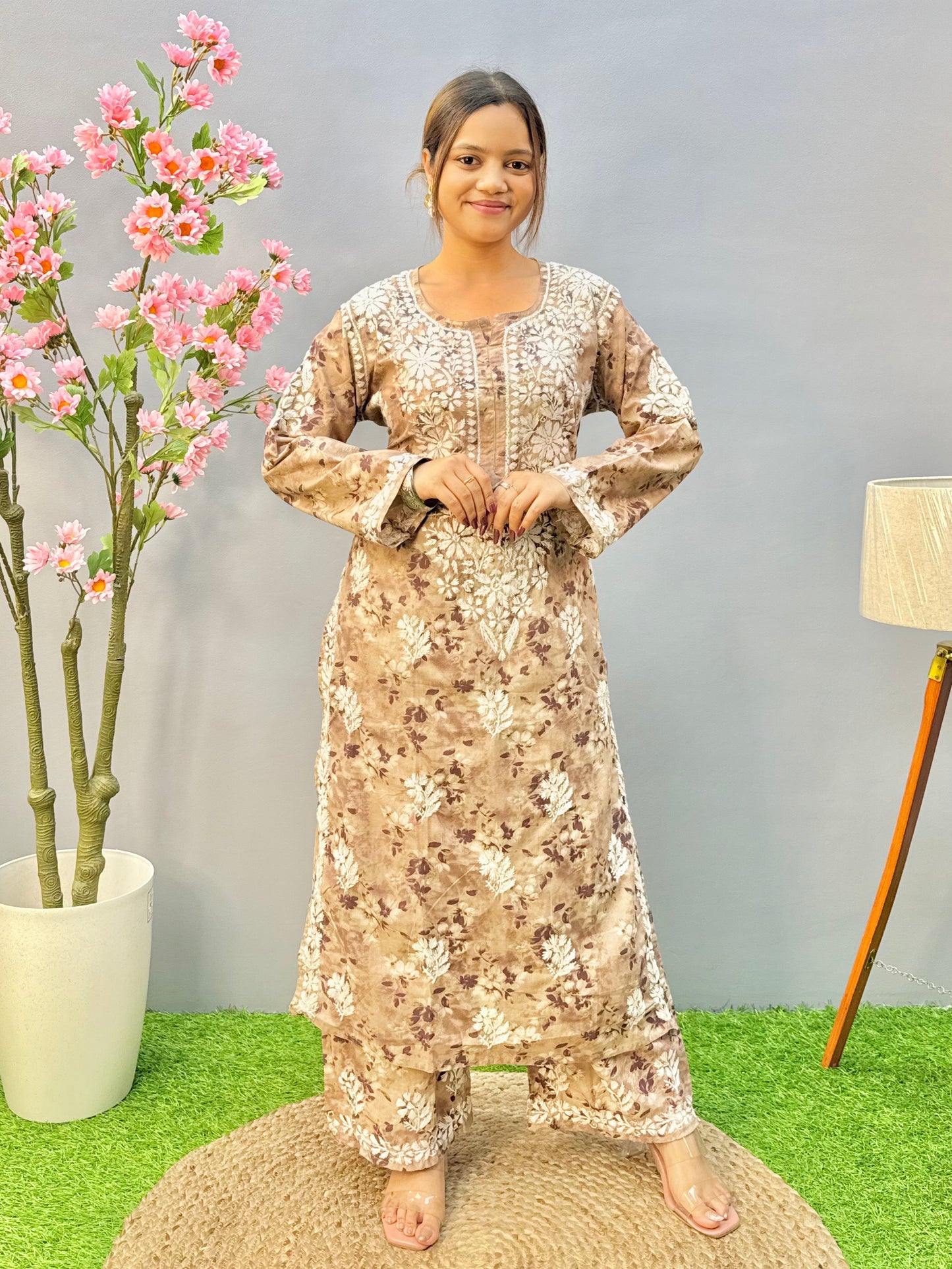 Beige brown printed chikankari kurta and palazzo set in breathable mulmul fabric