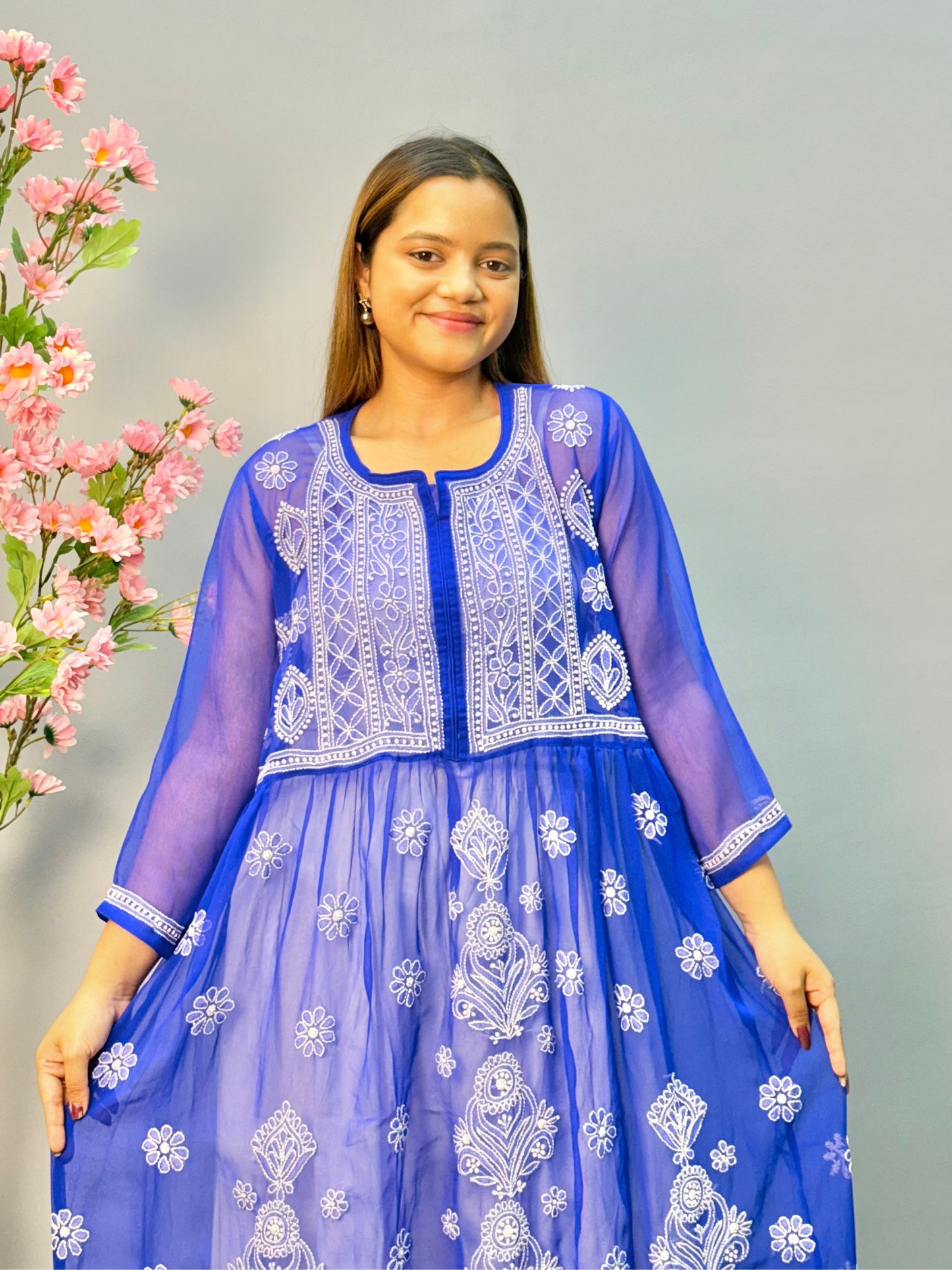 Royal blue georgette Lucknow Chikankari long frock kurta with white embroidery