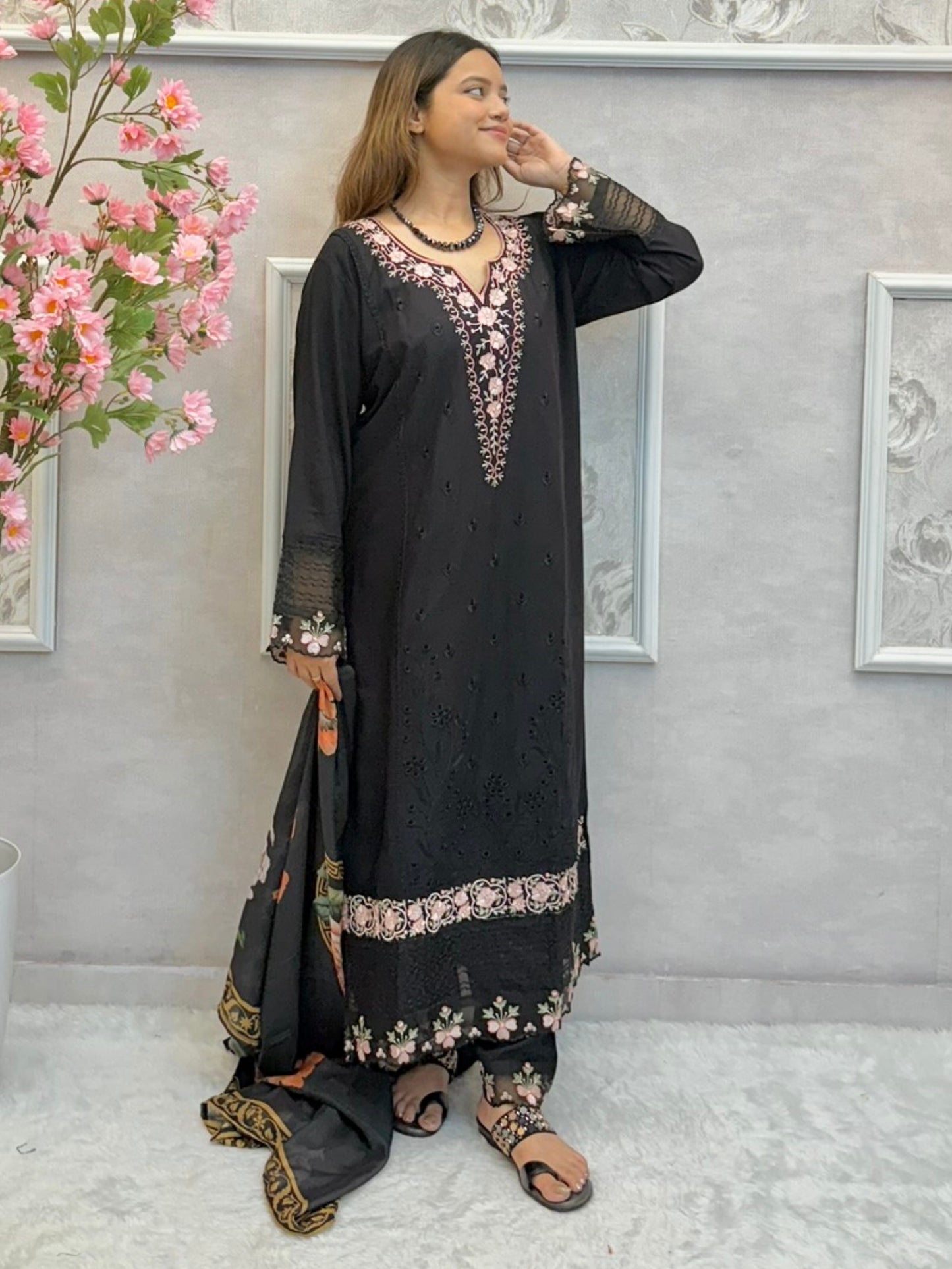 Black rayon embroidered kurta set with floral work and digitally printed dupatta