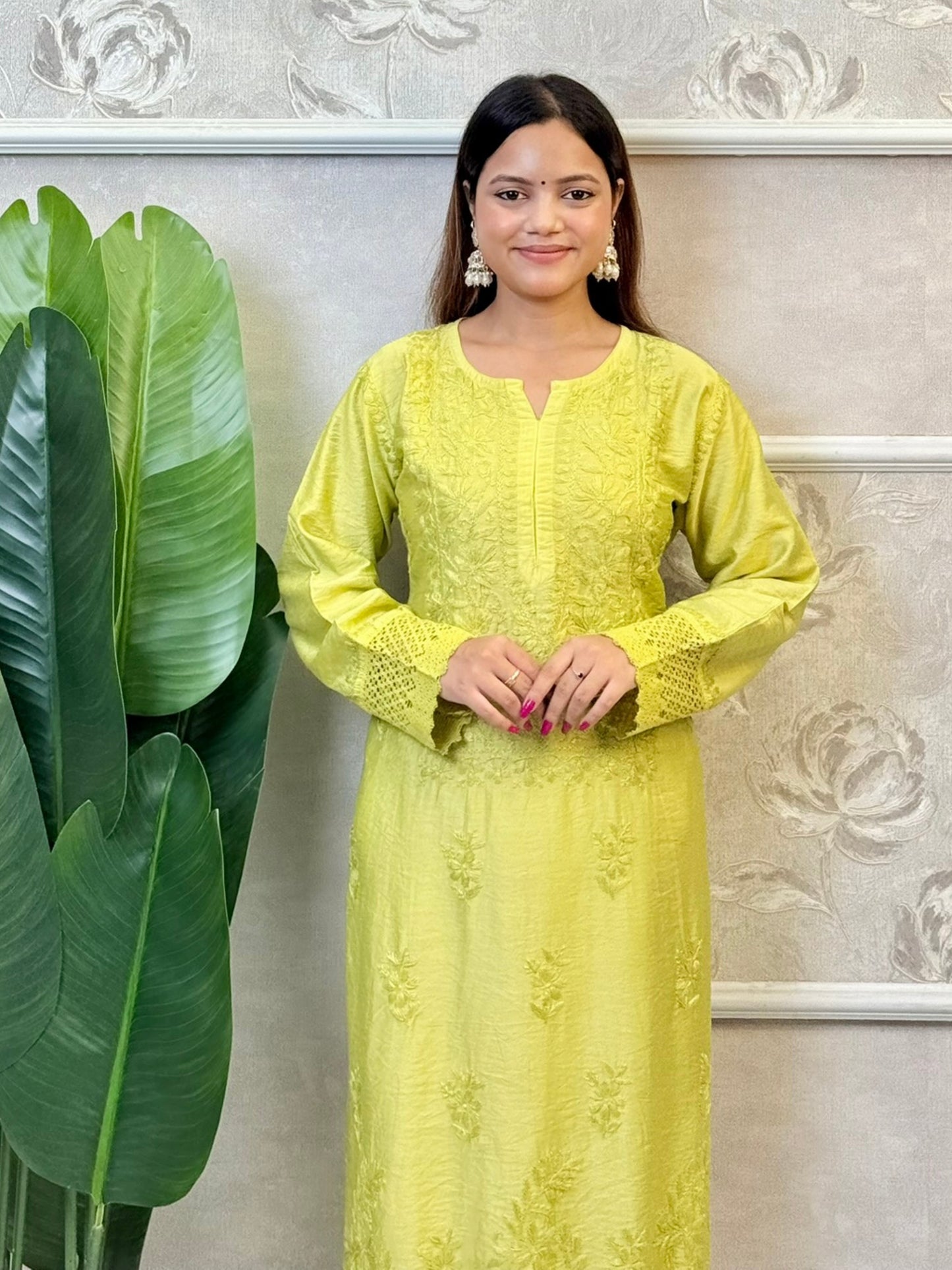 Lime yellow Chanderi kurta with Lucknowi Chikankari and lace work – soft, premium ethnic wear for women