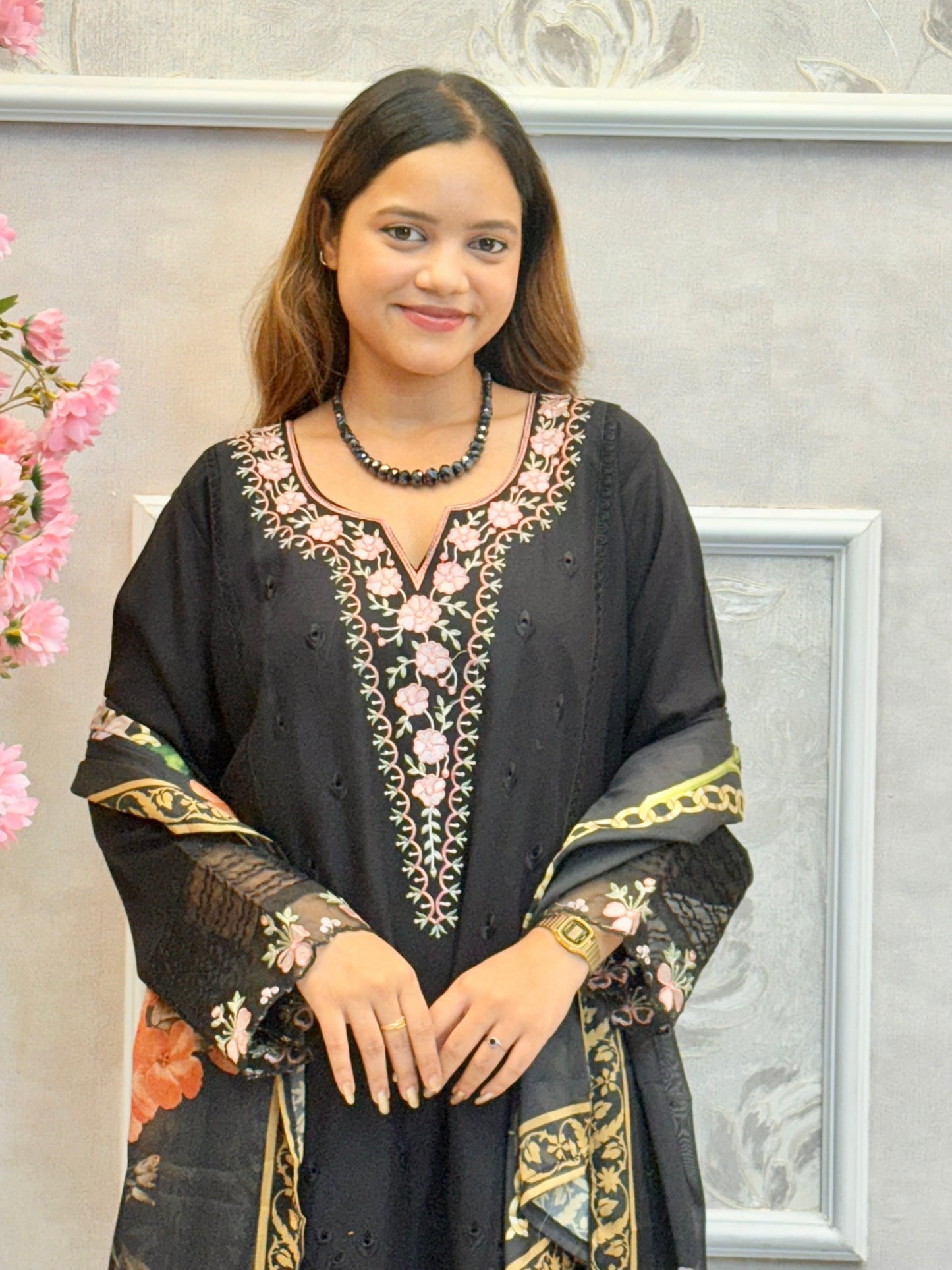 Black rayon embroidered kurta set with floral work and digitally printed dupatta