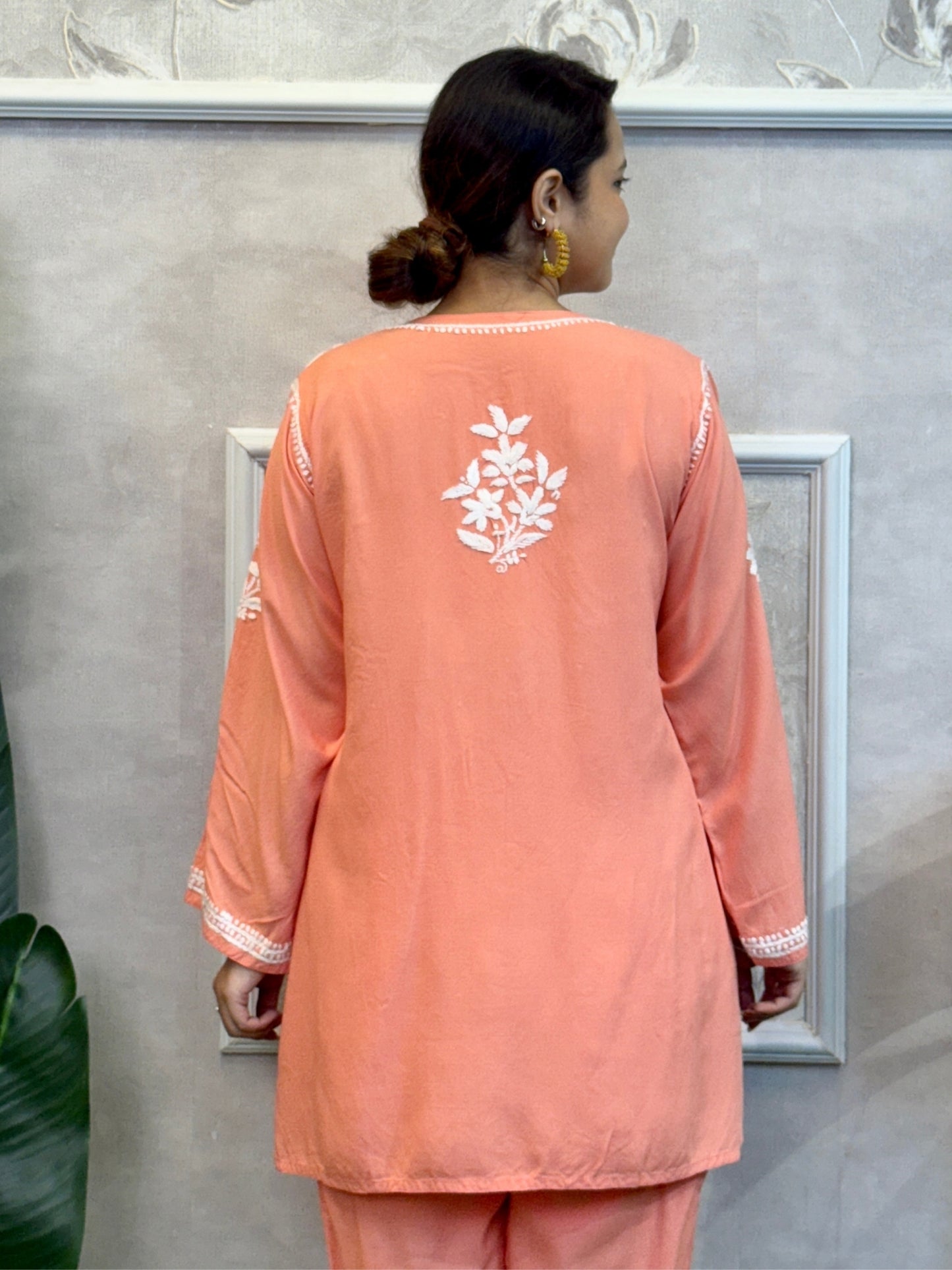 Peach rayon Lucknow Chikankari kurta and pant set with hand embroidery