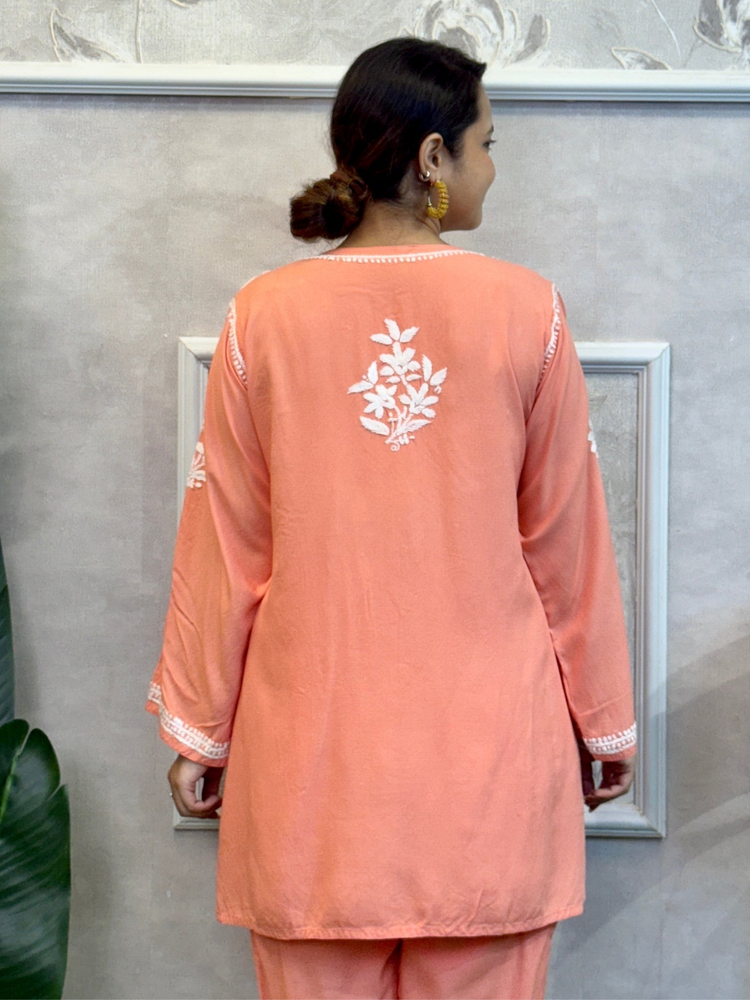 Peach rayon Lucknow Chikankari kurta and pant set with hand embroidery