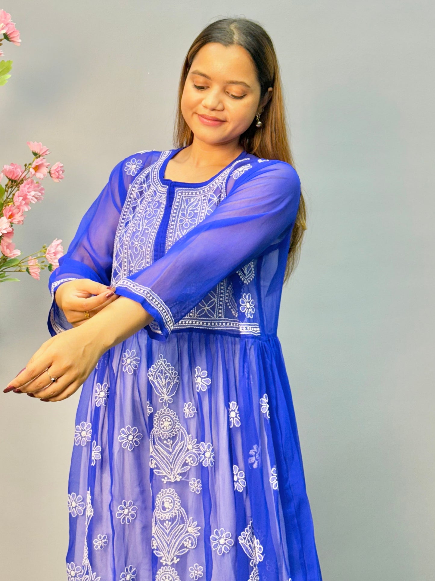 Royal blue georgette Lucknow Chikankari long frock kurta with white embroidery