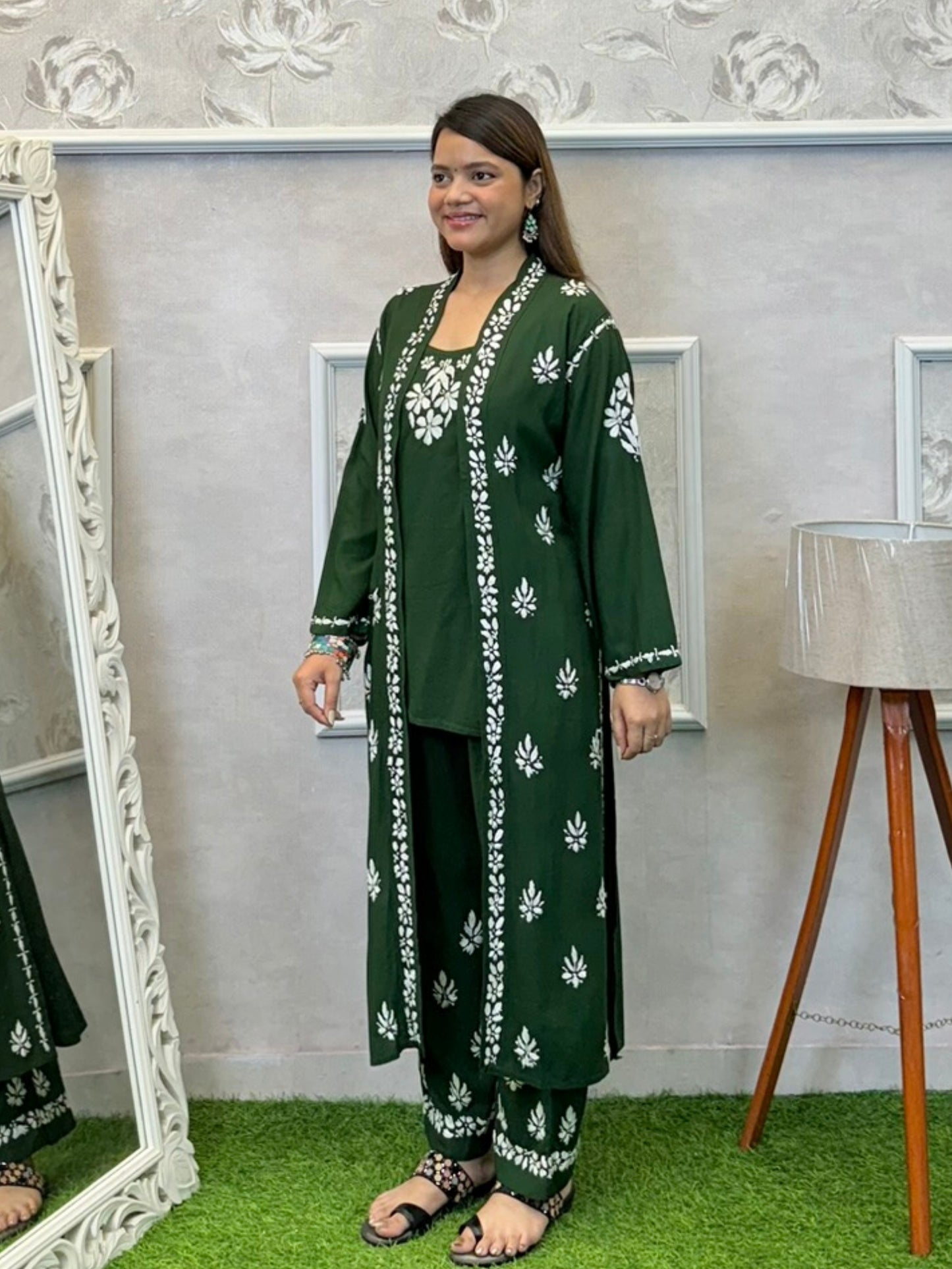 Dark green Lucknowi Chikankari 3-piece rayon set with sleeveless kurta, embroidered shrug, and pants