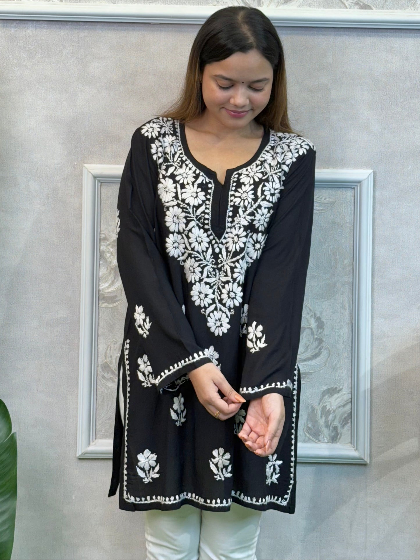 Black short modal Lucknowi Chikankari kurta with white hand embroidery