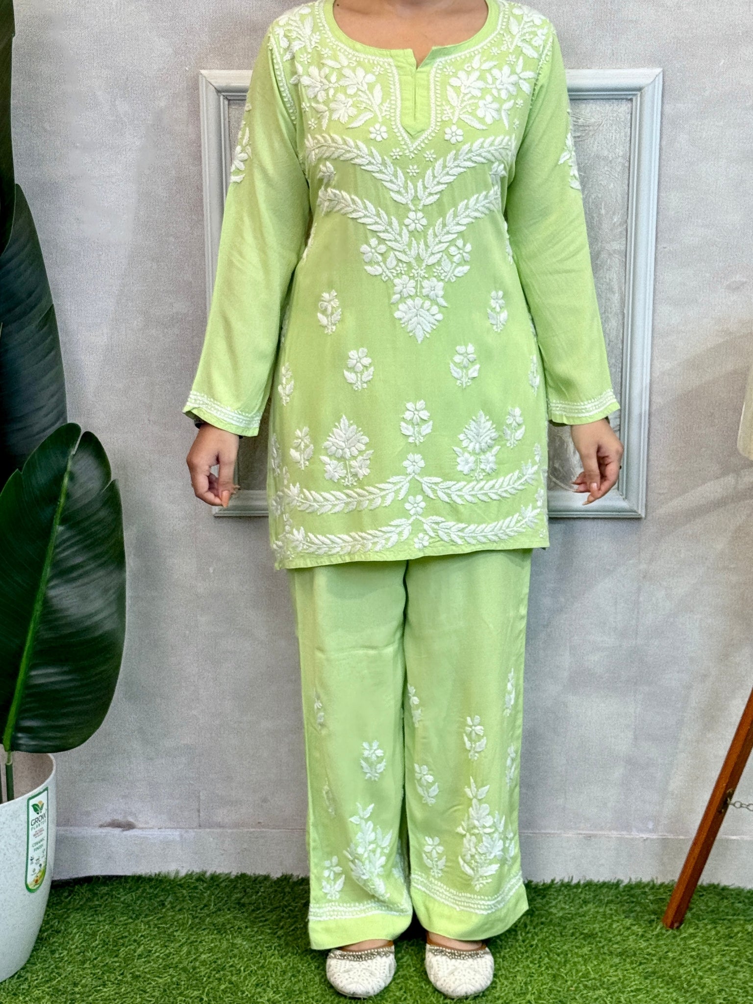 Light green rayon Lucknow Chikankari kurta and pant set with hand embroidery