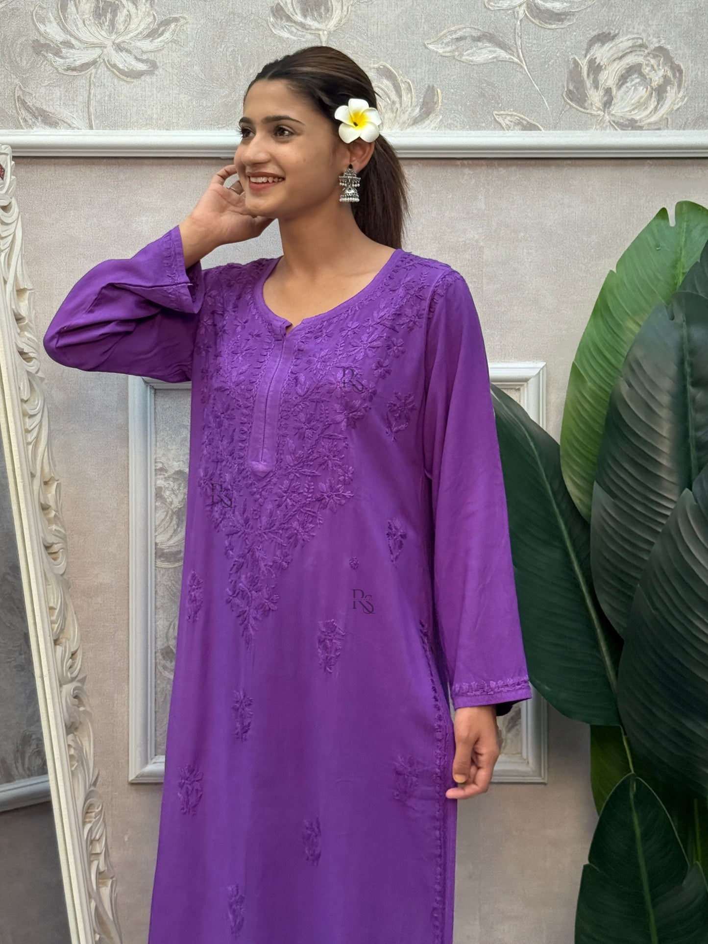 Purple rayon Lucknow Chikankari kurta with fine hand embroidery.