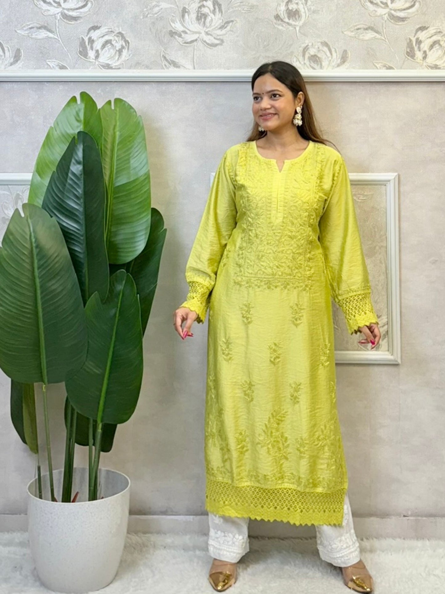 Lime yellow Chanderi kurta with Lucknowi Chikankari and lace work – soft, premium ethnic wear for women