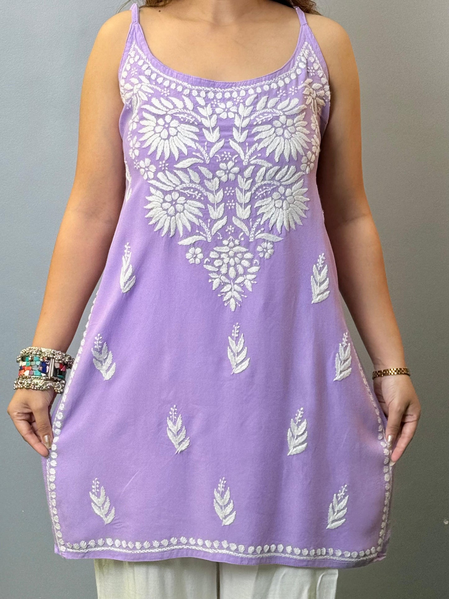 Lavender sleeveless rayon chikankari short kurta with hand embroidery – RS Chikankari