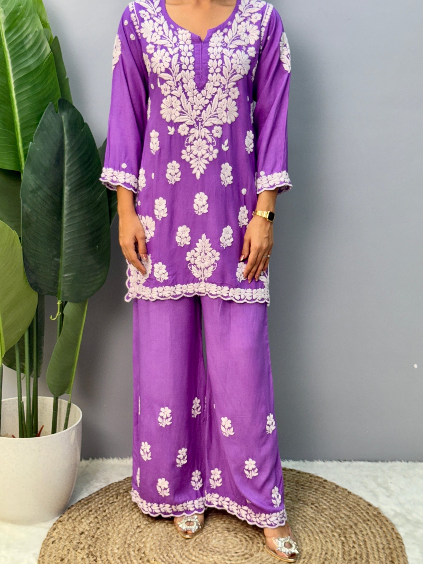 Purple Lucknow Chikankari rayon short kurta with embroidered palazzo pant – hand embroidery