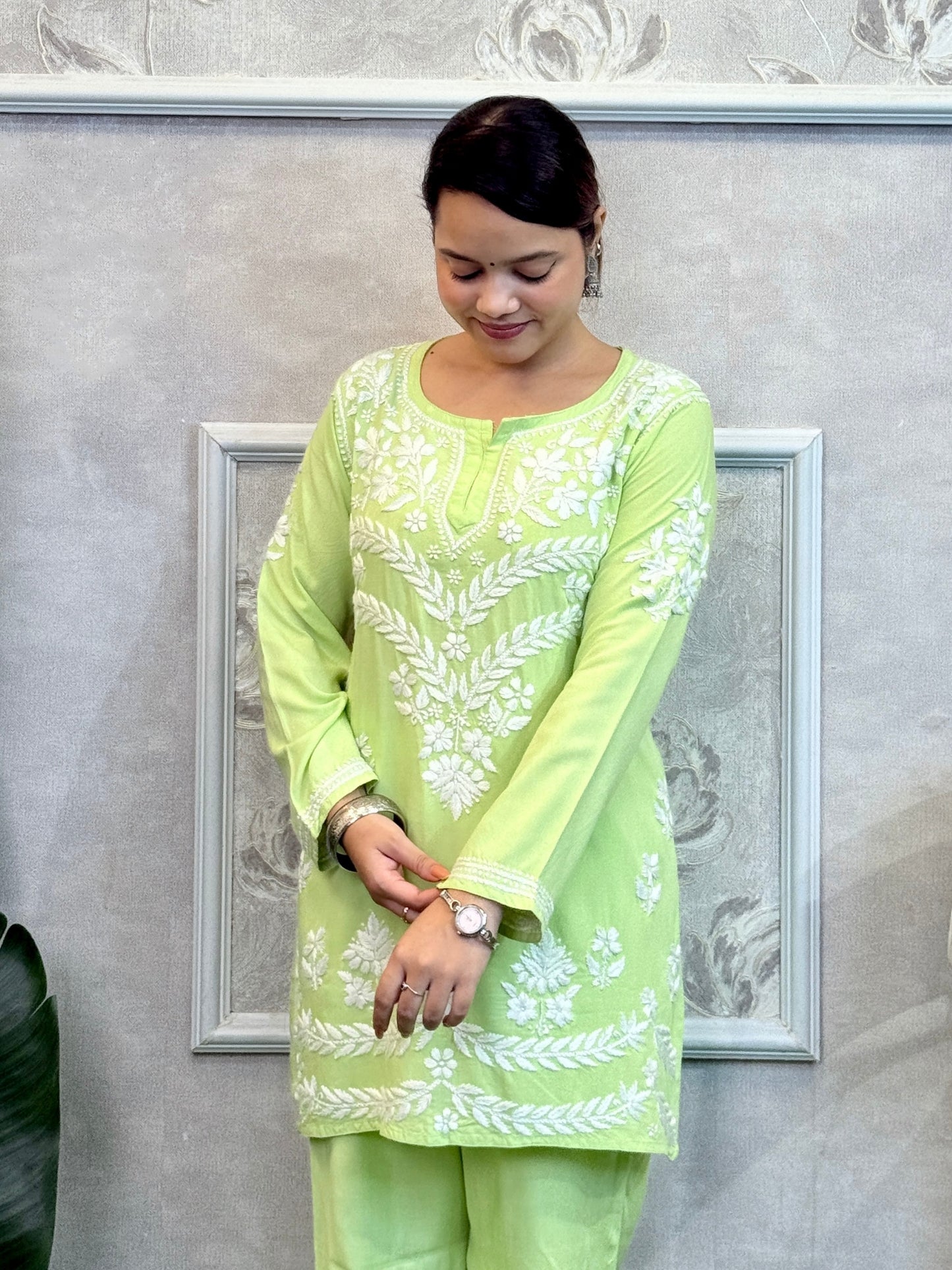 Light green rayon Lucknow Chikankari kurta and pant set with hand embroidery