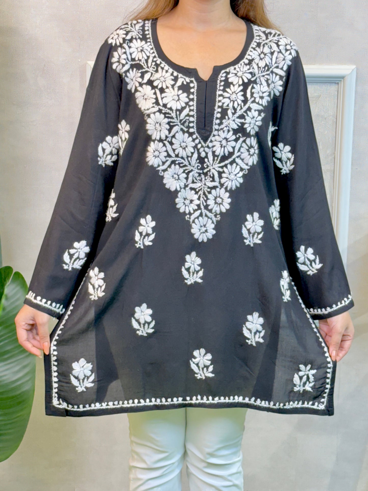 Black short modal Lucknowi Chikankari kurta with white hand embroidery