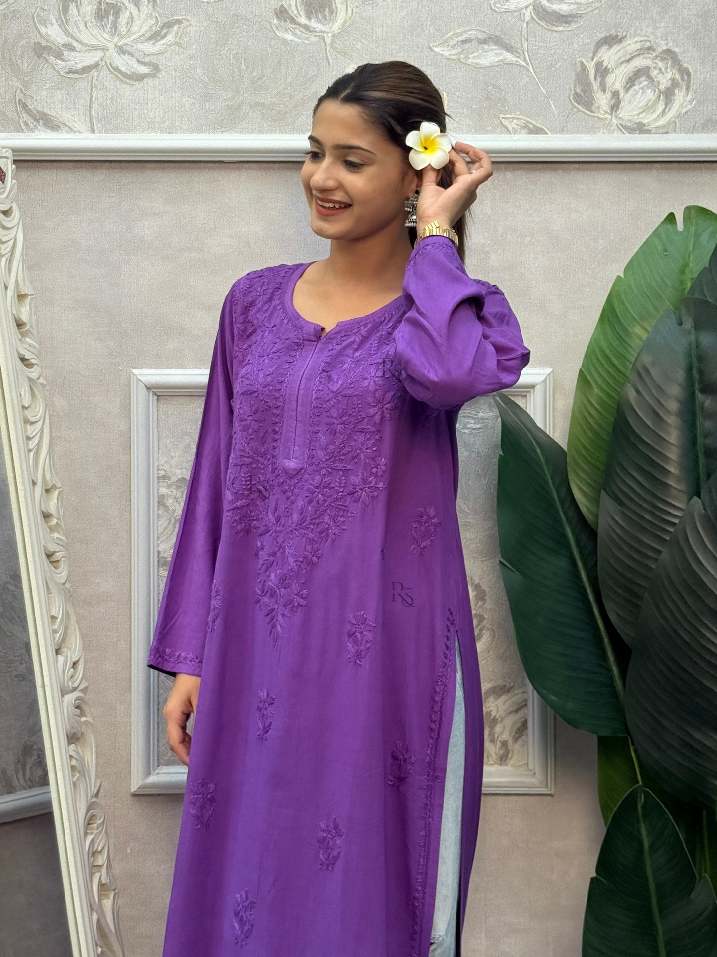 Purple rayon Lucknow Chikankari kurta with fine hand embroidery.