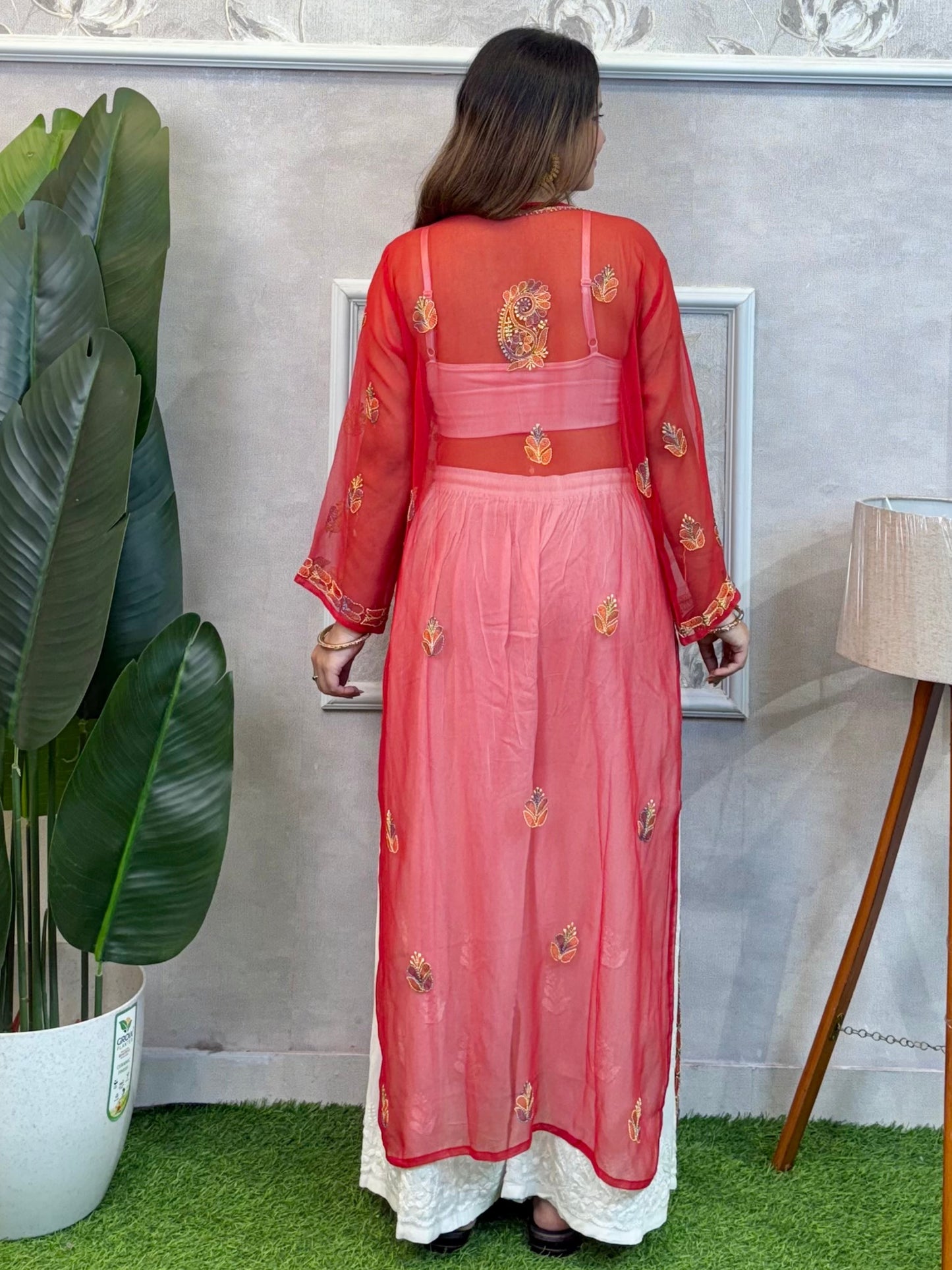 Red georgette Lucknow Chikankari kurta with hand embroidery – casual wear