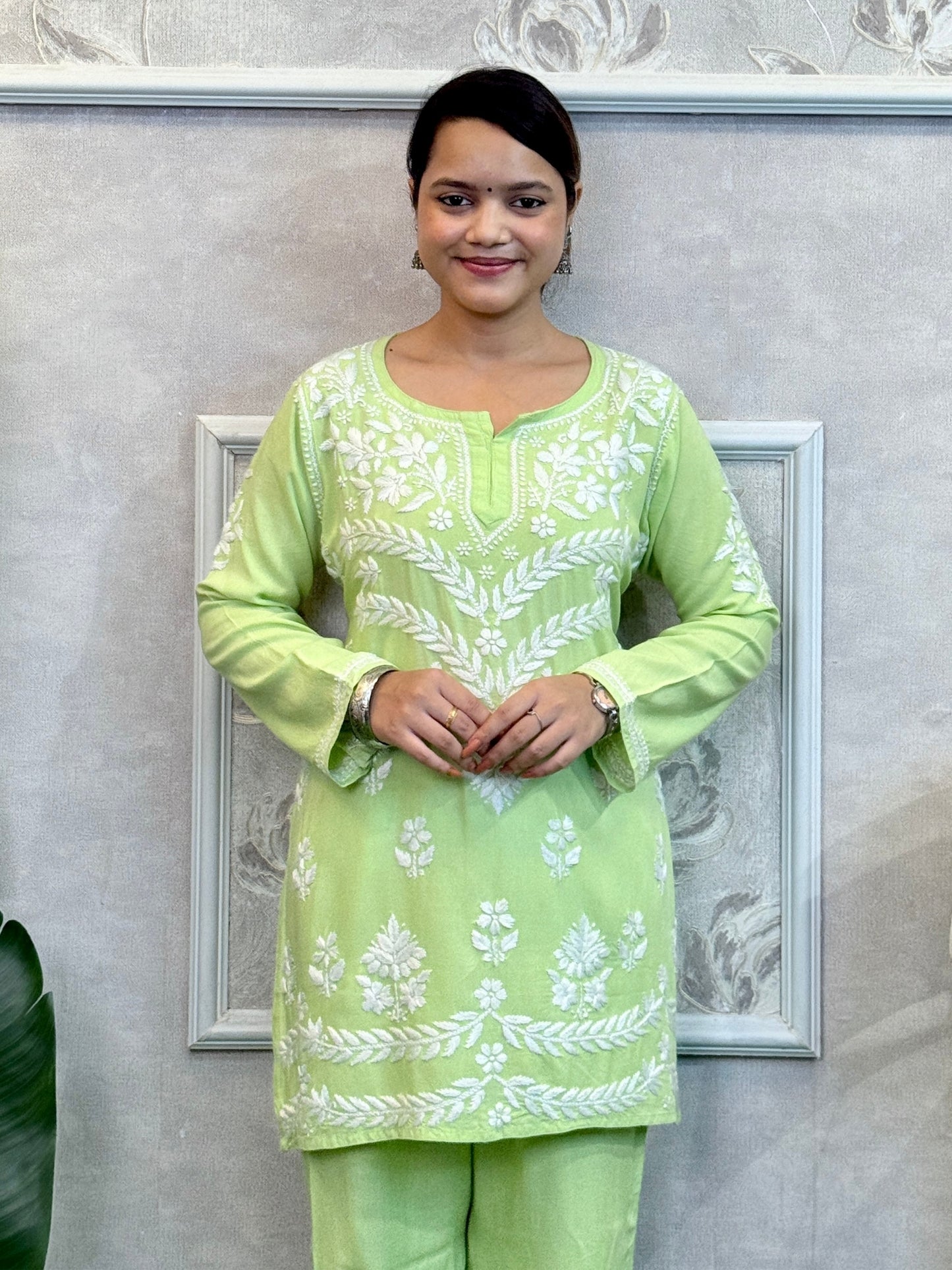 Light green rayon Lucknow Chikankari kurta and pant set with hand embroidery