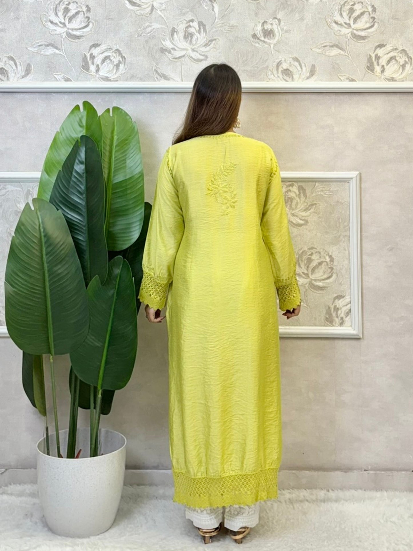Lime yellow Chanderi kurta with Lucknowi Chikankari and lace work – soft, premium ethnic wear for women