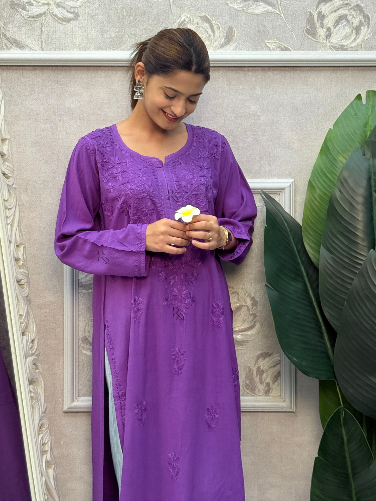 Purple rayon Lucknow Chikankari kurta with fine hand embroidery.
