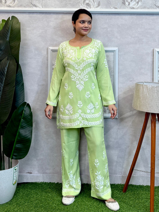 Light green rayon Lucknow Chikankari kurta and pant set with hand embroidery