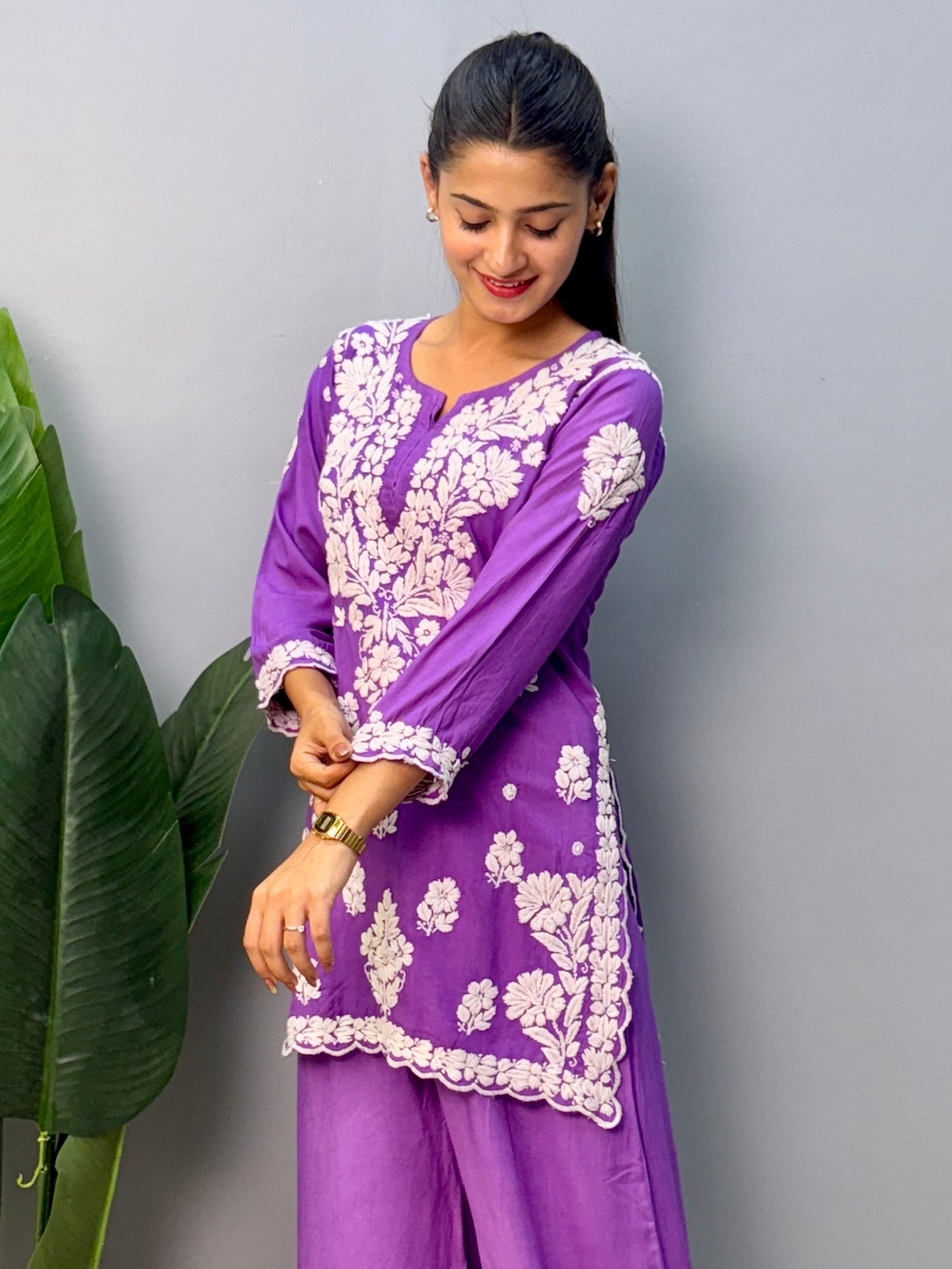 Purple Lucknow Chikankari rayon short kurta with embroidered palazzo pant – hand embroidery