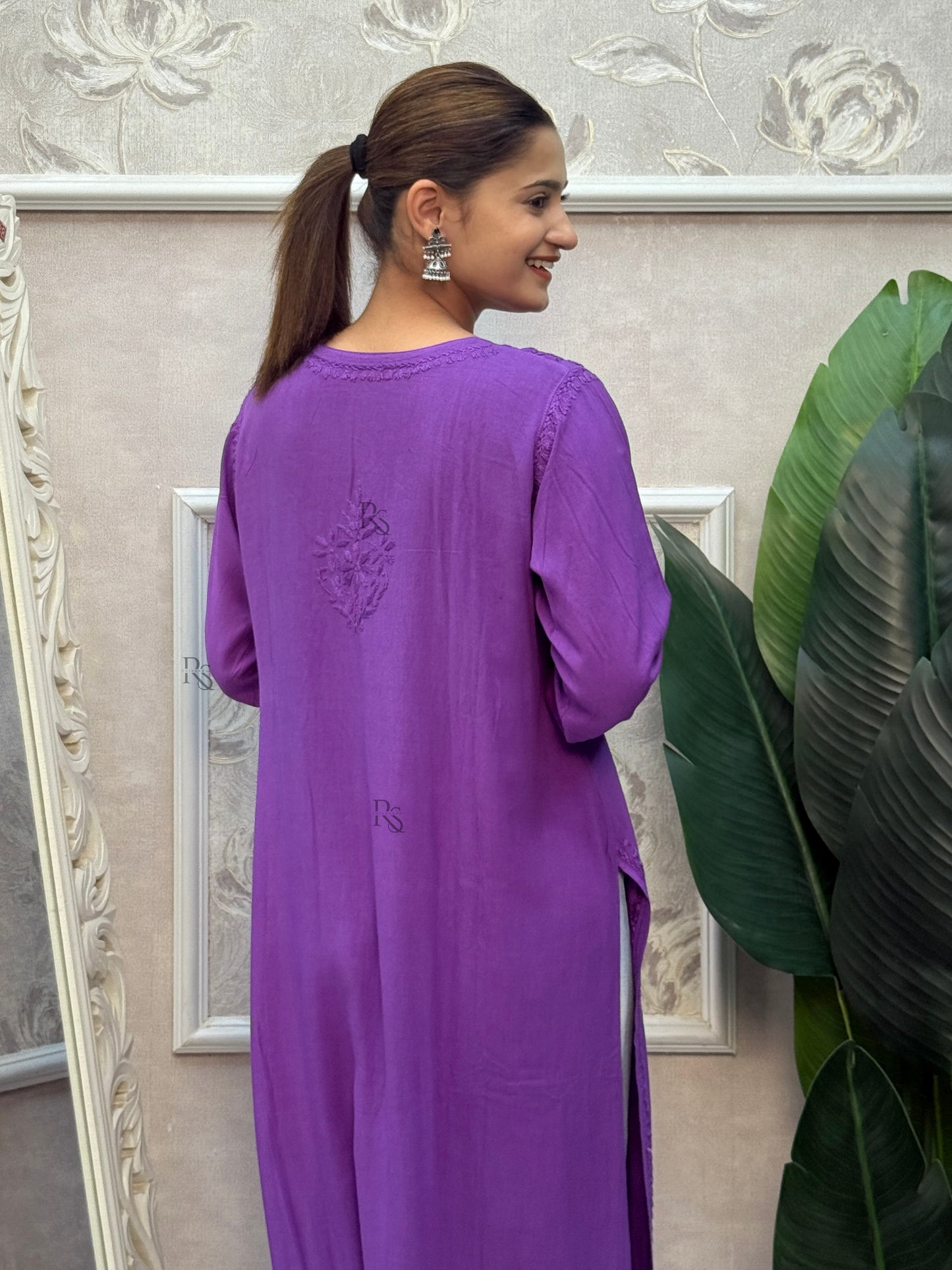 Purple rayon Lucknow Chikankari kurta with fine hand embroidery.