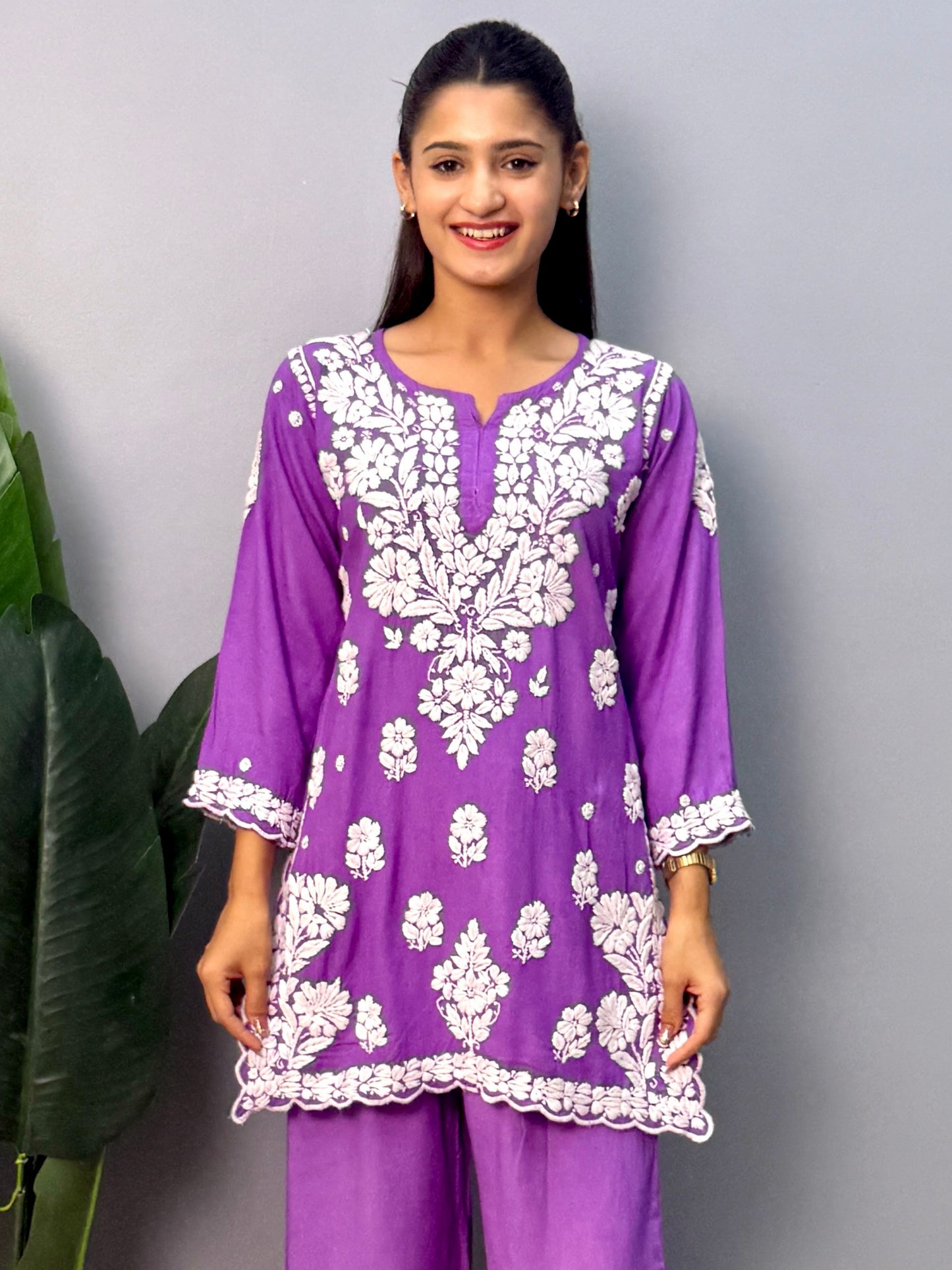 Purple Lucknow Chikankari rayon short kurta with embroidered palazzo pant – hand embroidery