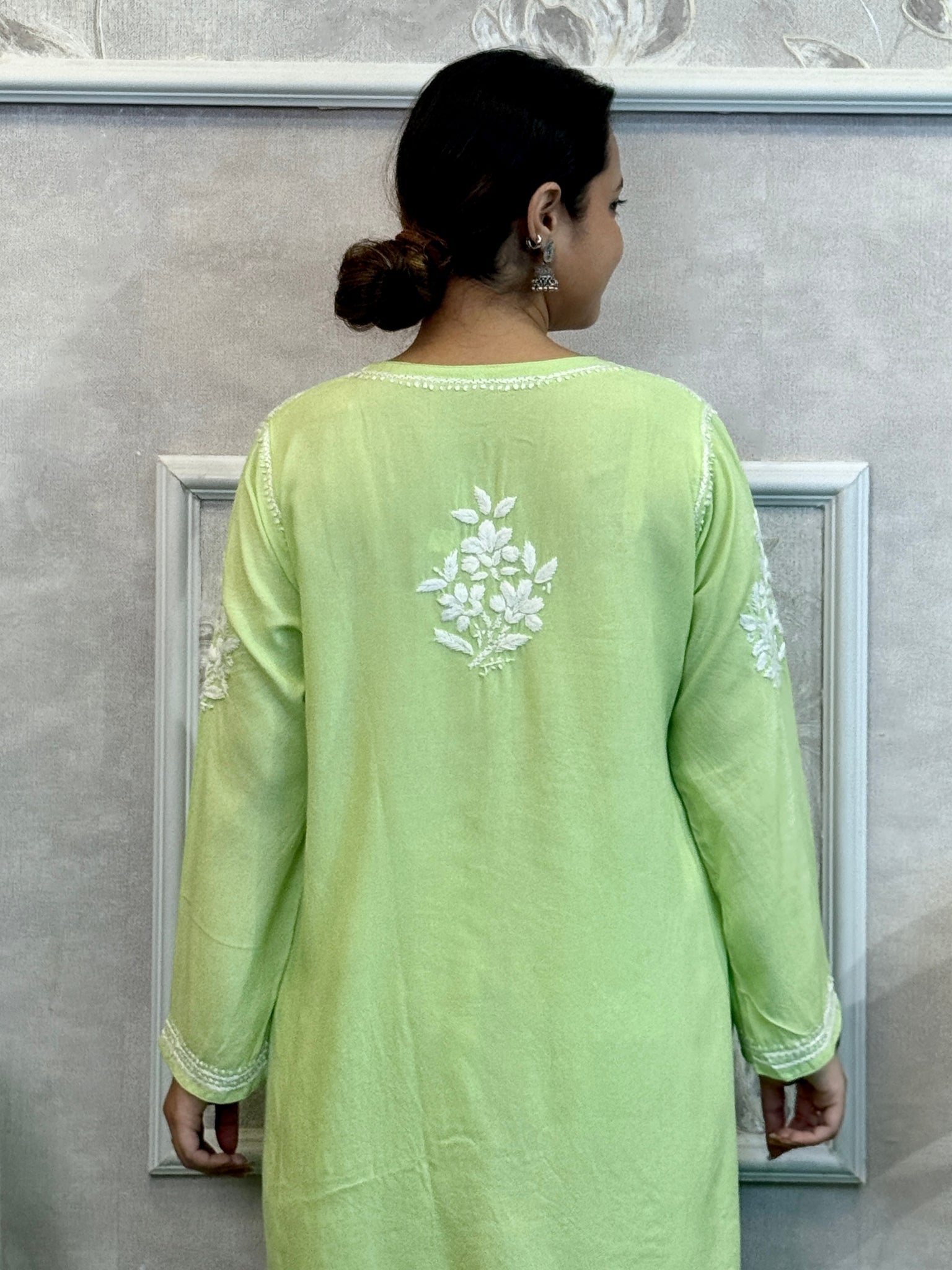 Light green rayon Lucknow Chikankari kurta and pant set with hand embroidery