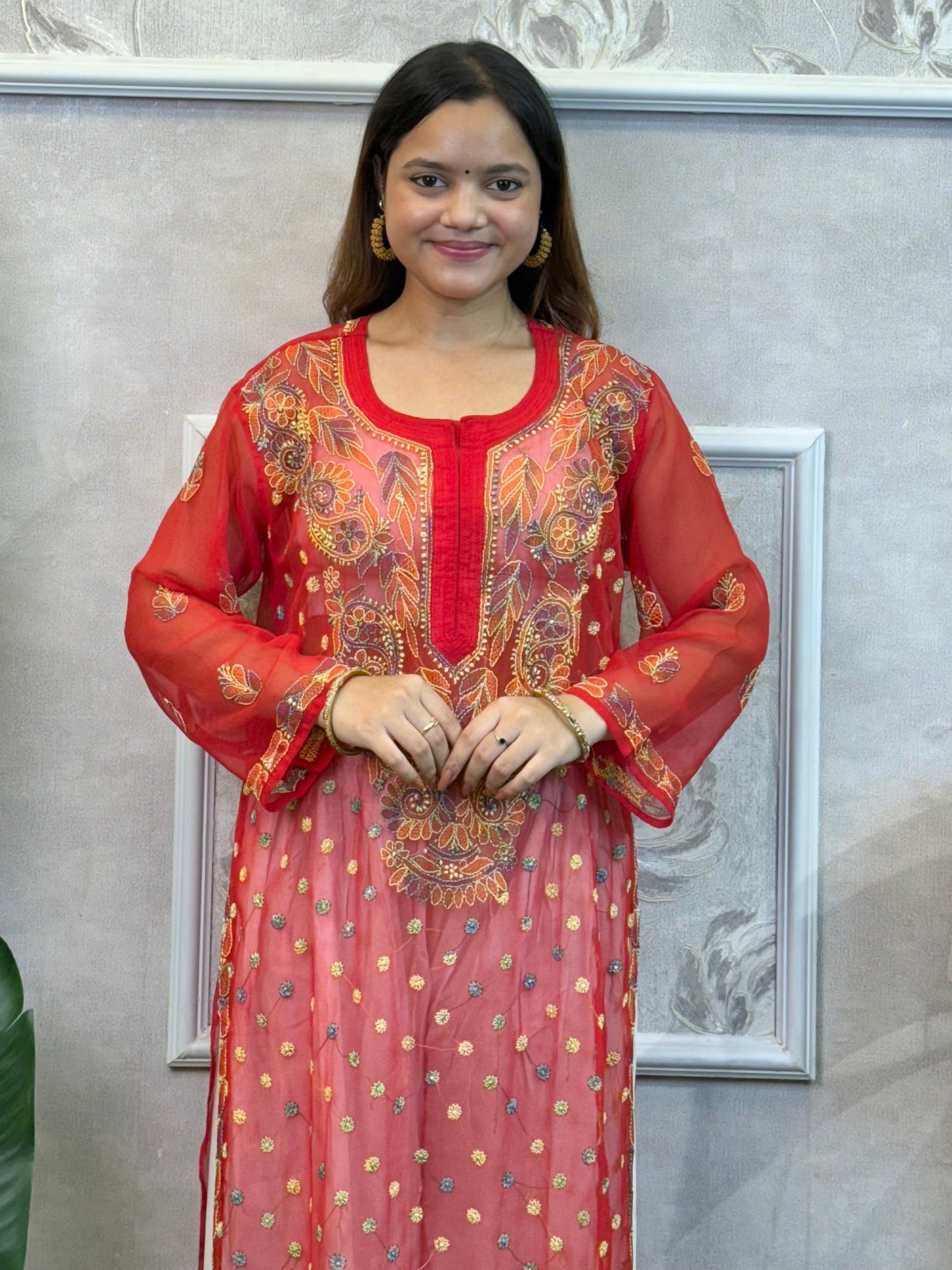 Red georgette Lucknow Chikankari kurta with hand embroidery – casual wear