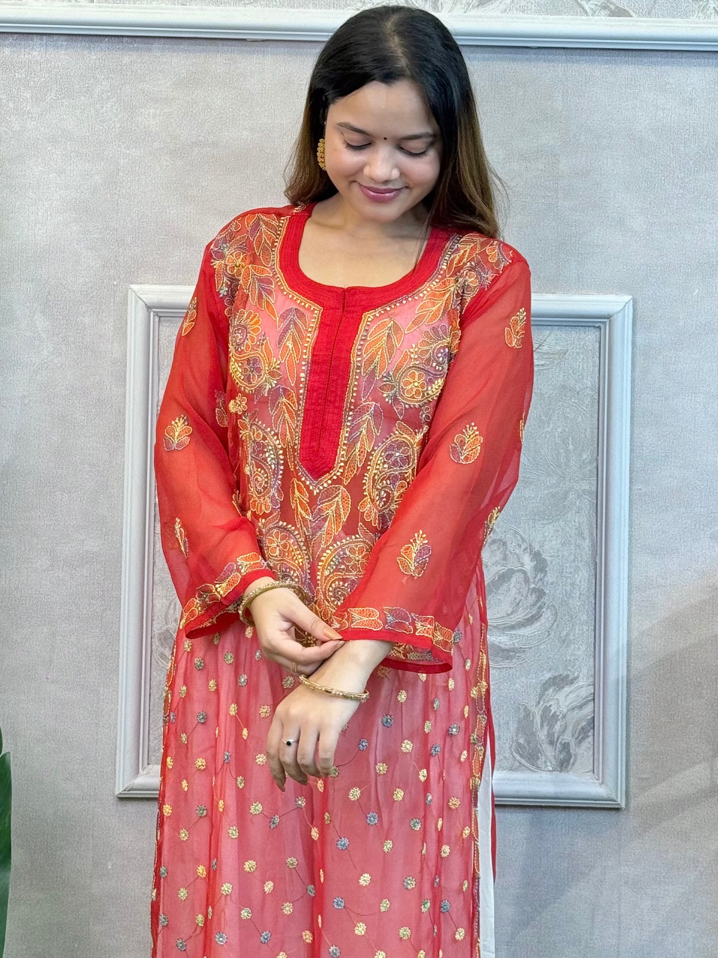 Red georgette Lucknow Chikankari kurta with hand embroidery – casual wear