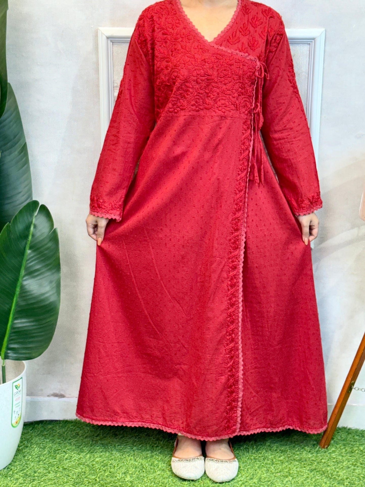 Red Lucknowi Chikankari Angrakha Kurta in dobby cotton with delicate hand embroidery – premium and comfortable.