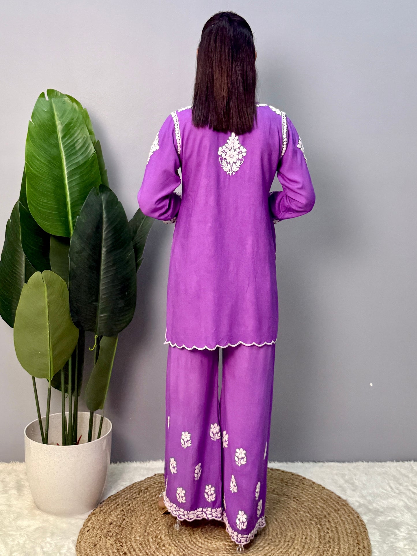 Purple Lucknow Chikankari rayon short kurta with embroidered palazzo pant – hand embroidery