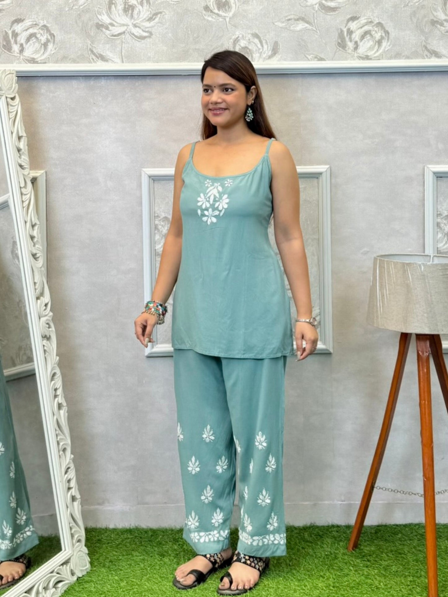 Dusty teal Lucknowi Chikankari rayon 3-piece set with sleeveless kurta, embroidered shrug, and pants
