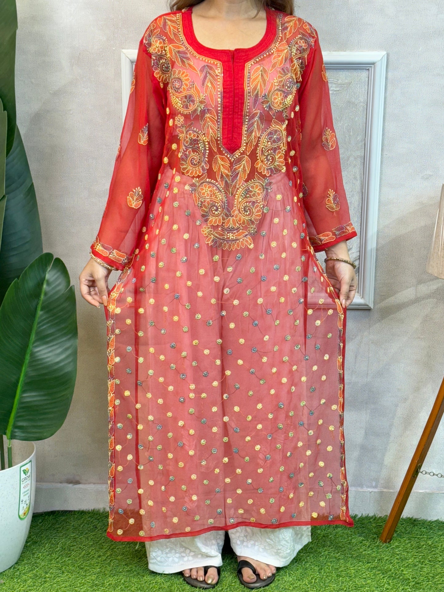 Red georgette Lucknow Chikankari kurta with hand embroidery – casual wear
