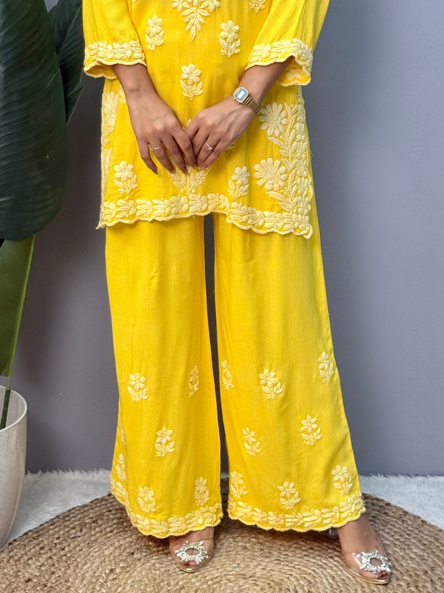 Yellow rayon chikankari short kurta with palazzo pant, hand embroidered Lucknowi suit set.