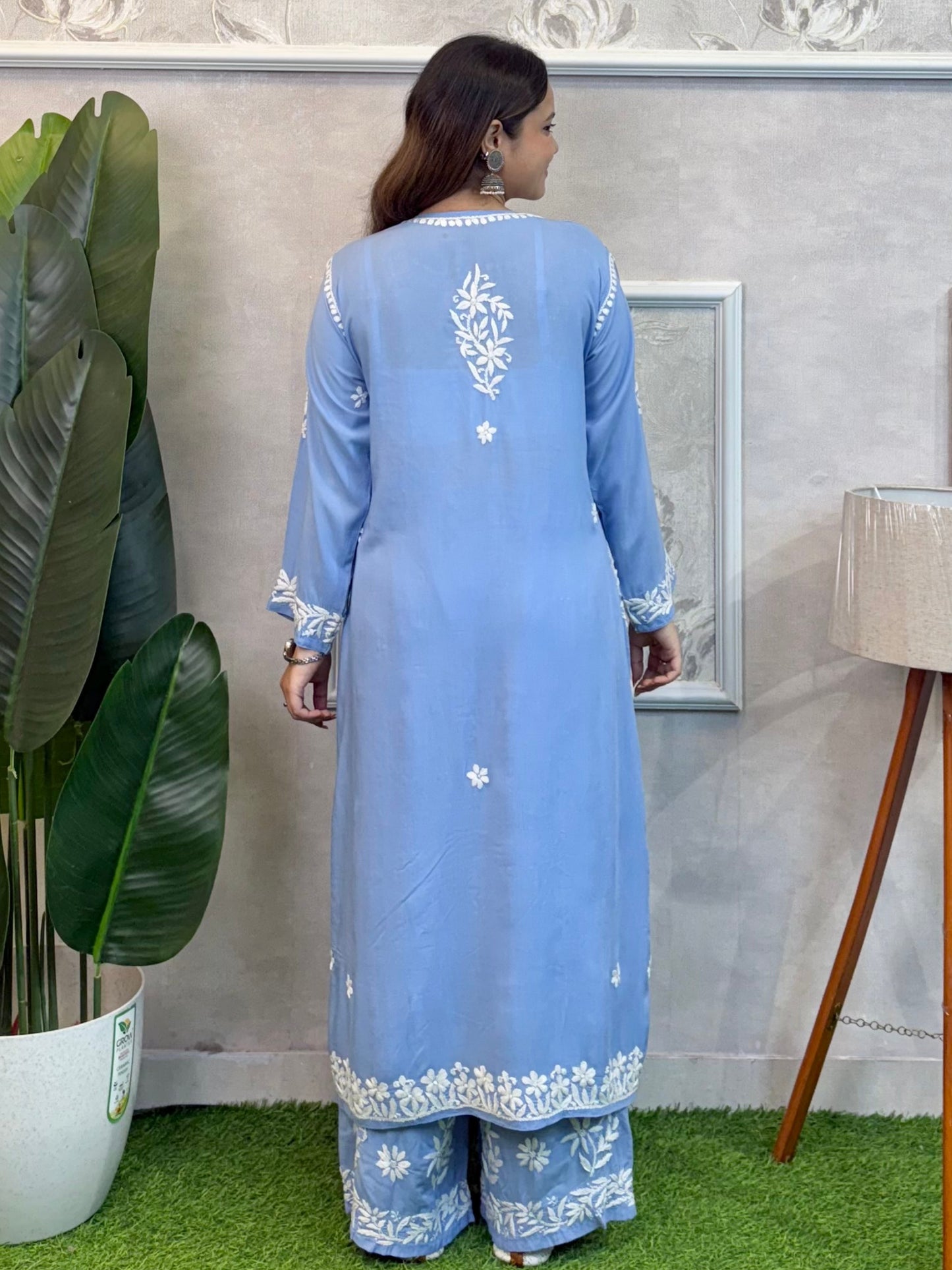 Sky Blue Lucknow Chikankari modal kurta with palazzo set, hand embroidered, soft and comfortable