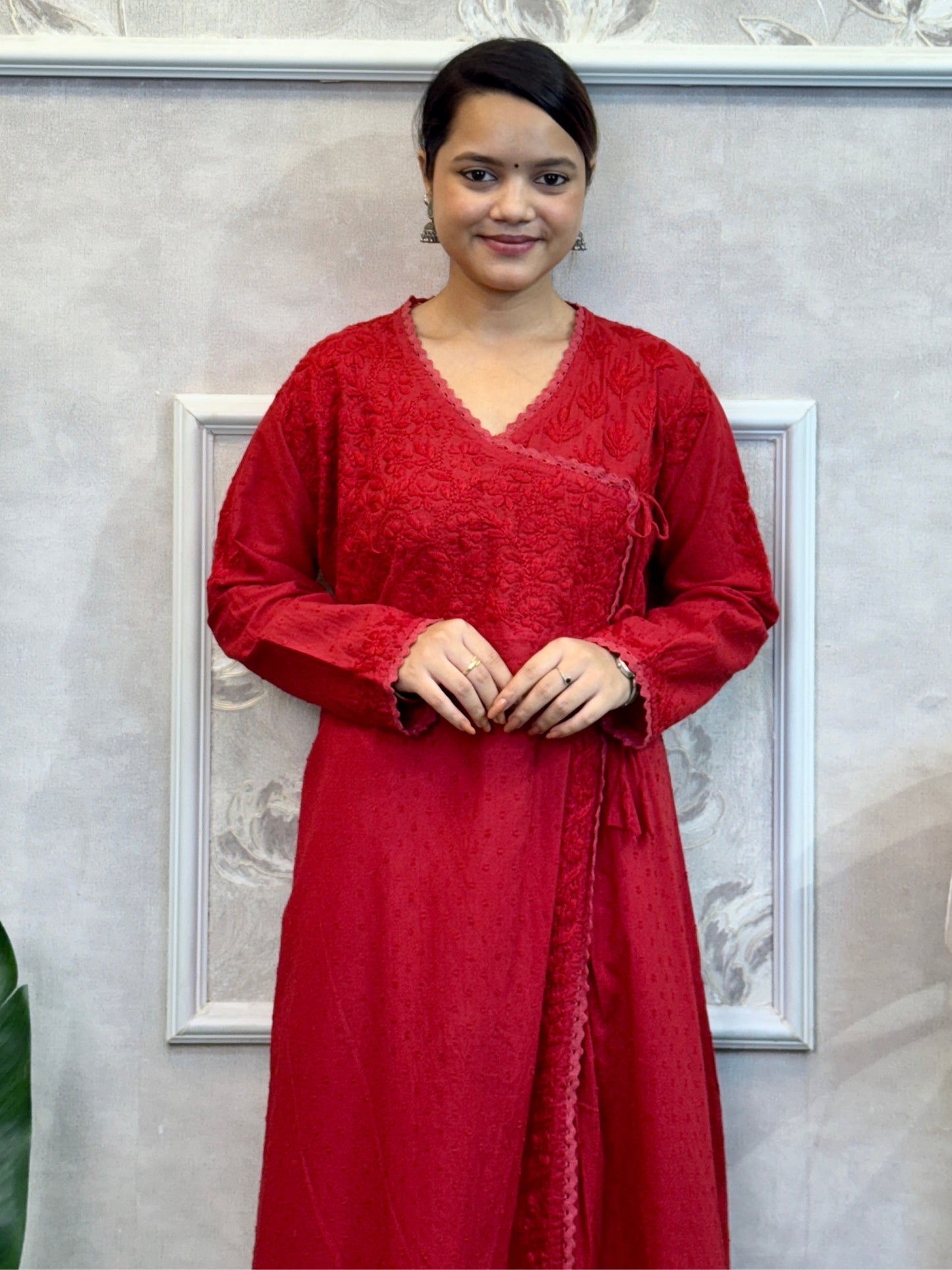Red Lucknowi Chikankari Angrakha Kurta in dobby cotton with delicate hand embroidery – premium and comfortable.