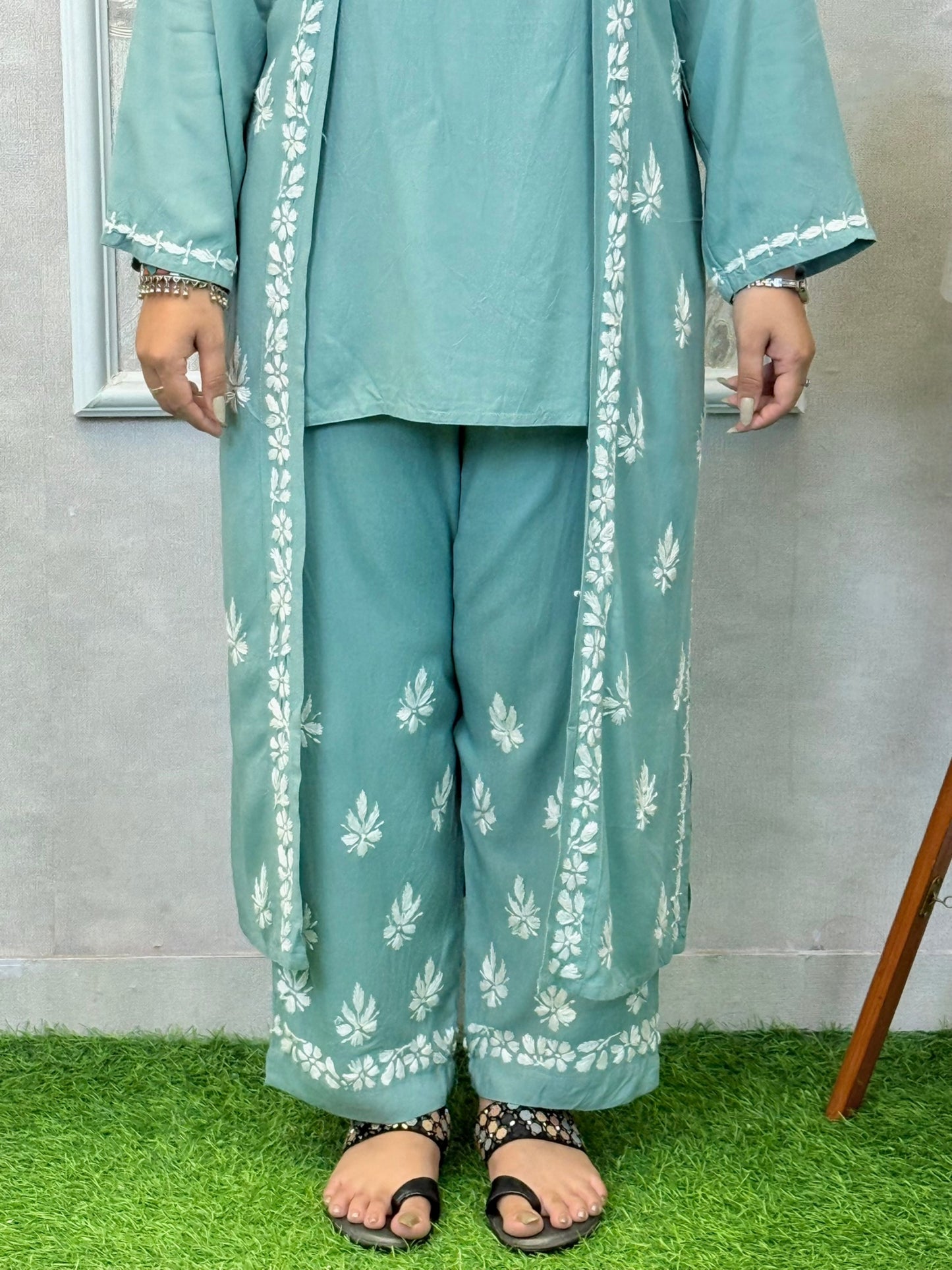 Dusty teal Lucknowi Chikankari rayon 3-piece set with sleeveless kurta, embroidered shrug, and pants