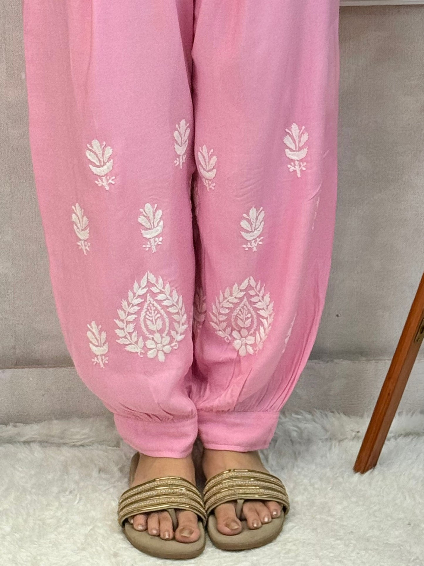 Pink rayon chikankari kurta and Afghani pant set with white hand embroidery – soft and comfortable