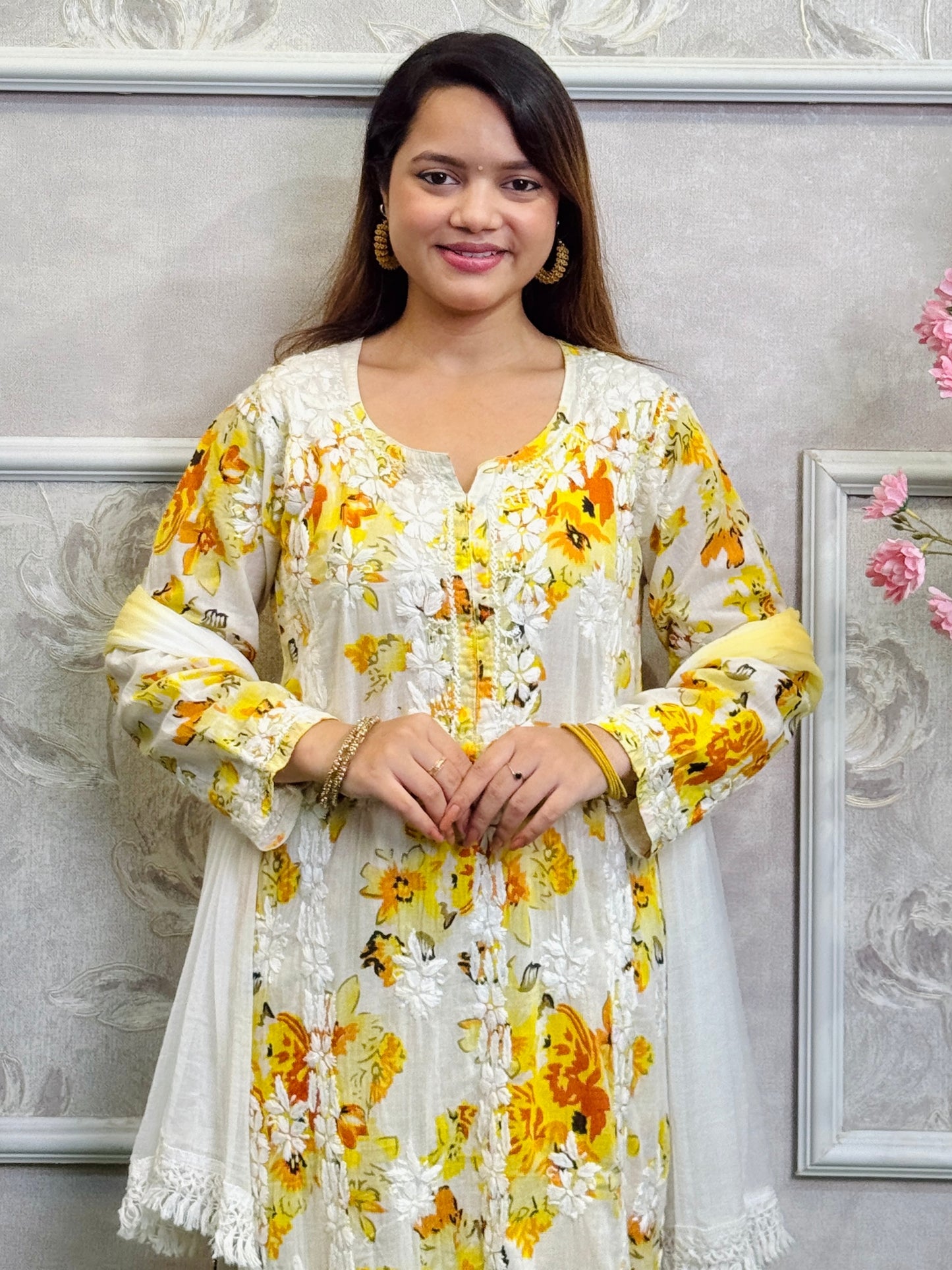 Lucknow Chikankari yellow floral printed mulmul kurta palazzo set with chiffon dupatta and hand embroidery