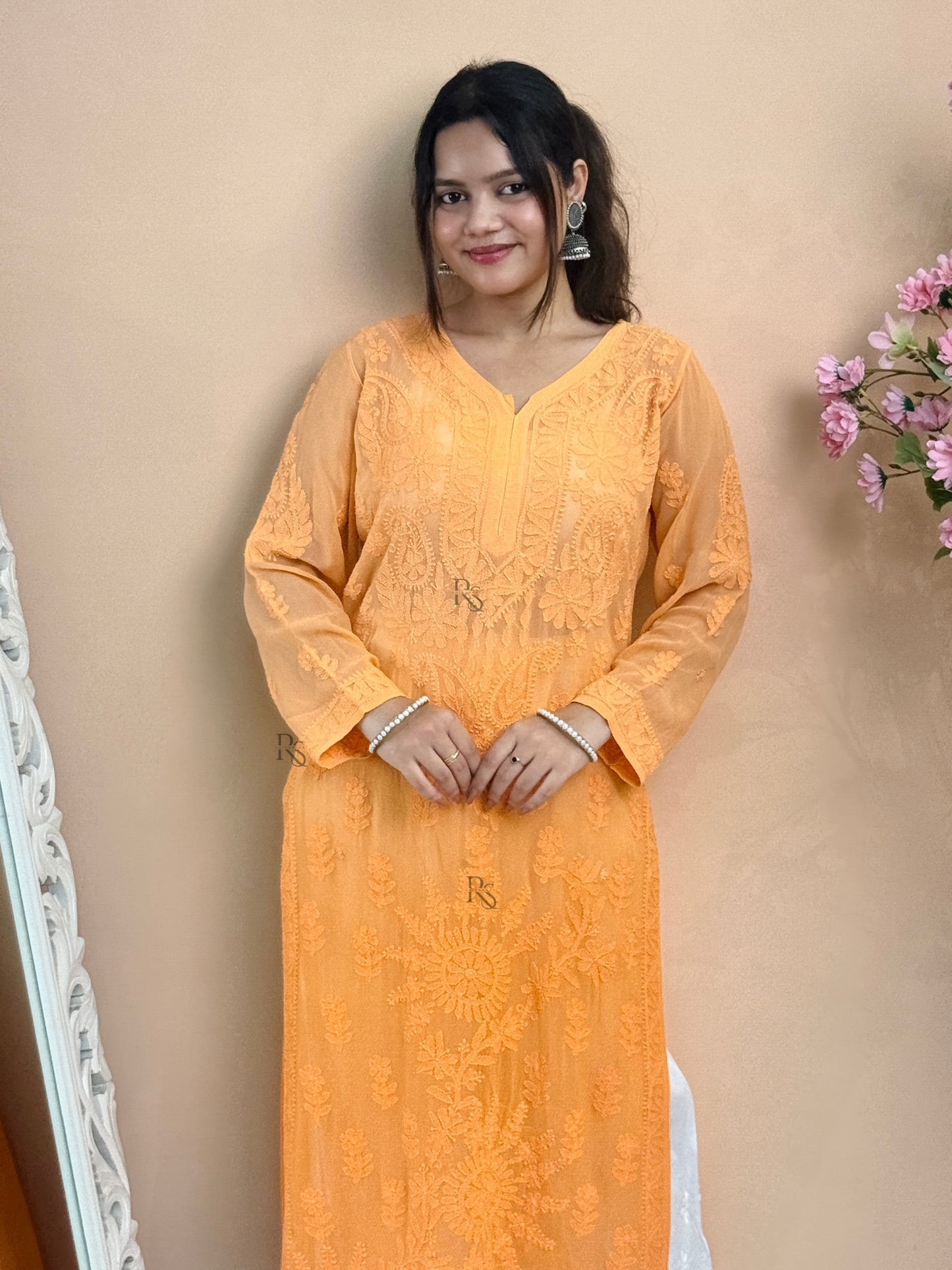 Orange Lucknow chikankari viscose kurta with hand embroidery in transy fabric