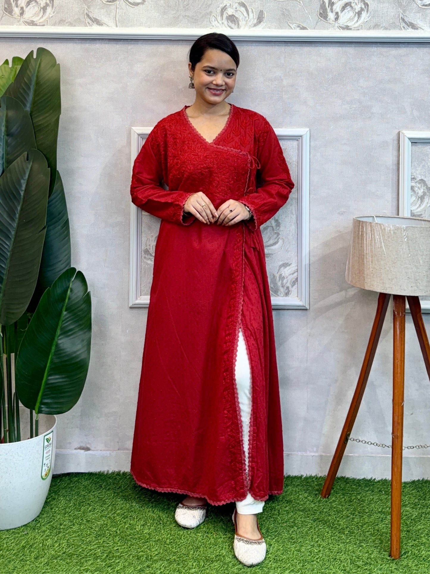 Red Lucknowi Chikankari Angrakha Kurta in dobby cotton with delicate hand embroidery – premium and comfortable.