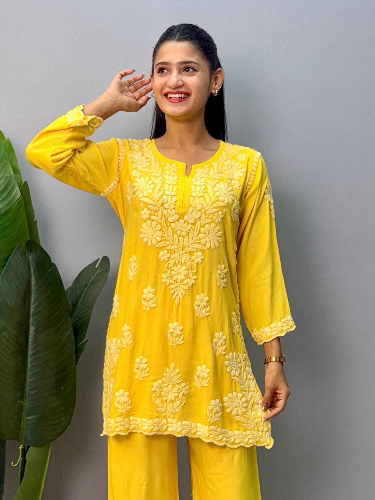 Yellow rayon chikankari short kurta with palazzo pant, hand embroidered Lucknowi suit set.