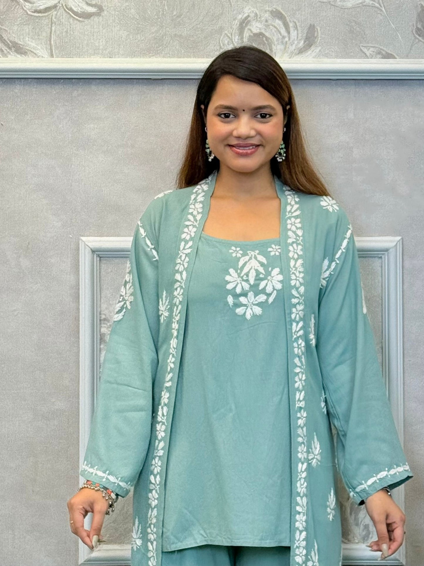 Dusty teal Lucknowi Chikankari rayon 3-piece set with sleeveless kurta, embroidered shrug, and pants