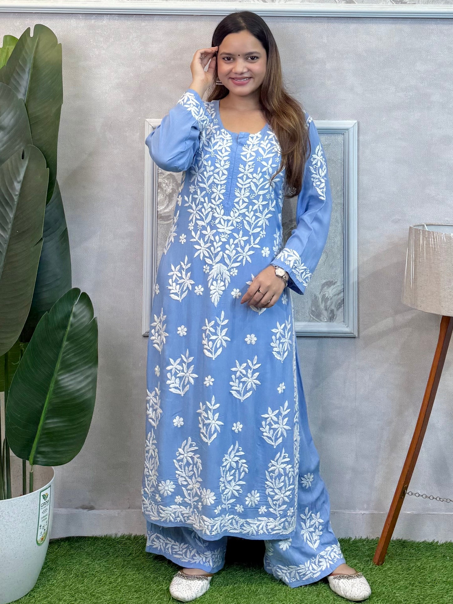 Sky Blue Lucknow Chikankari modal kurta with palazzo set, hand embroidered, soft and comfortable